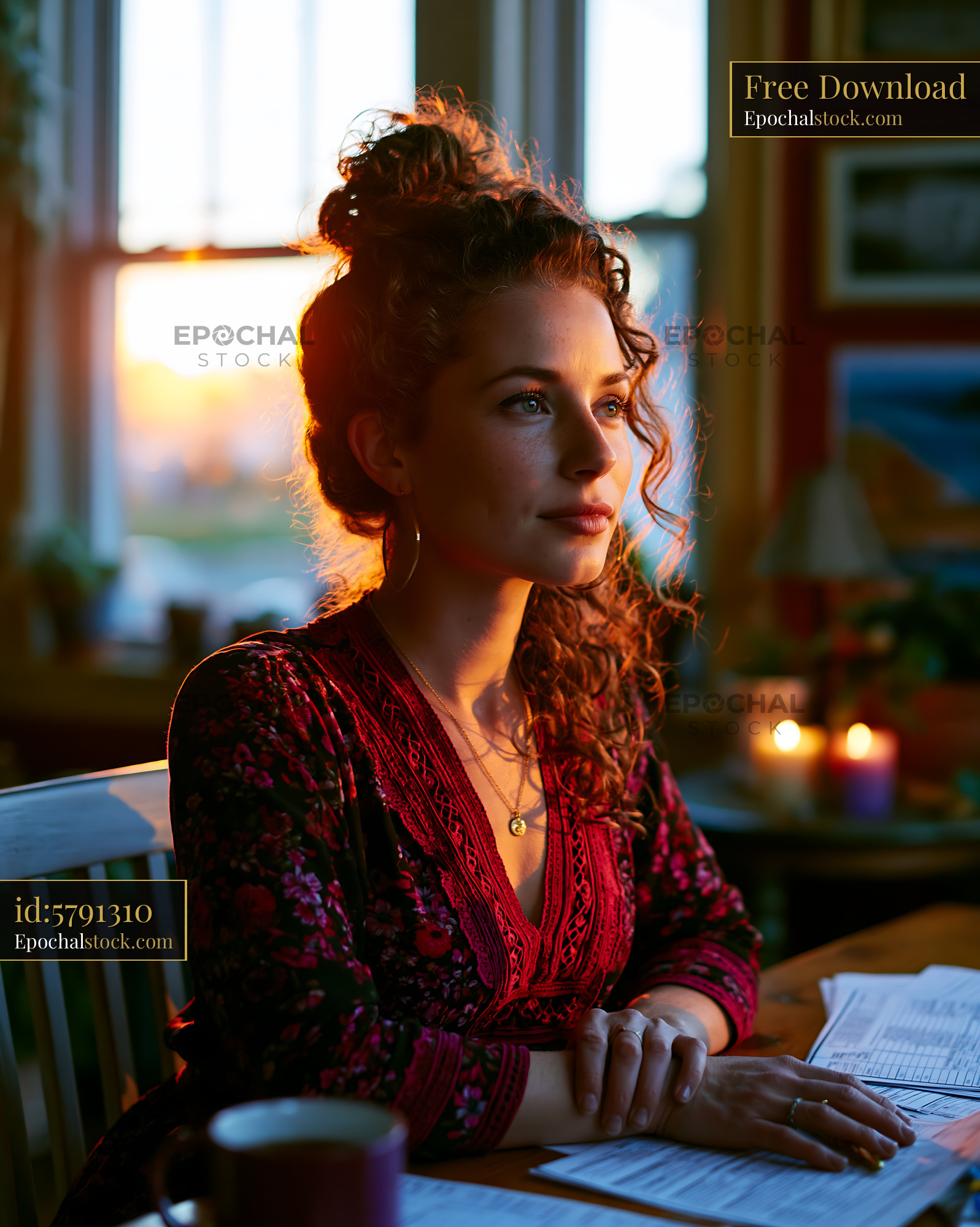 Watermarked full-resolution preview of Woman sitting at a table looking out of a window during sunset