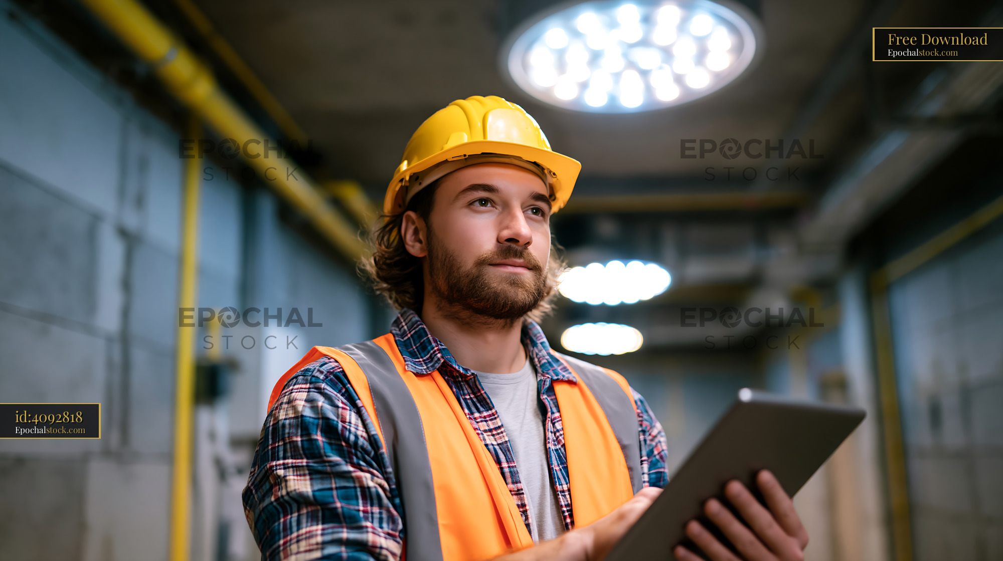 Watermarked full-resolution preview of Construction worker using tablet in industrial setting