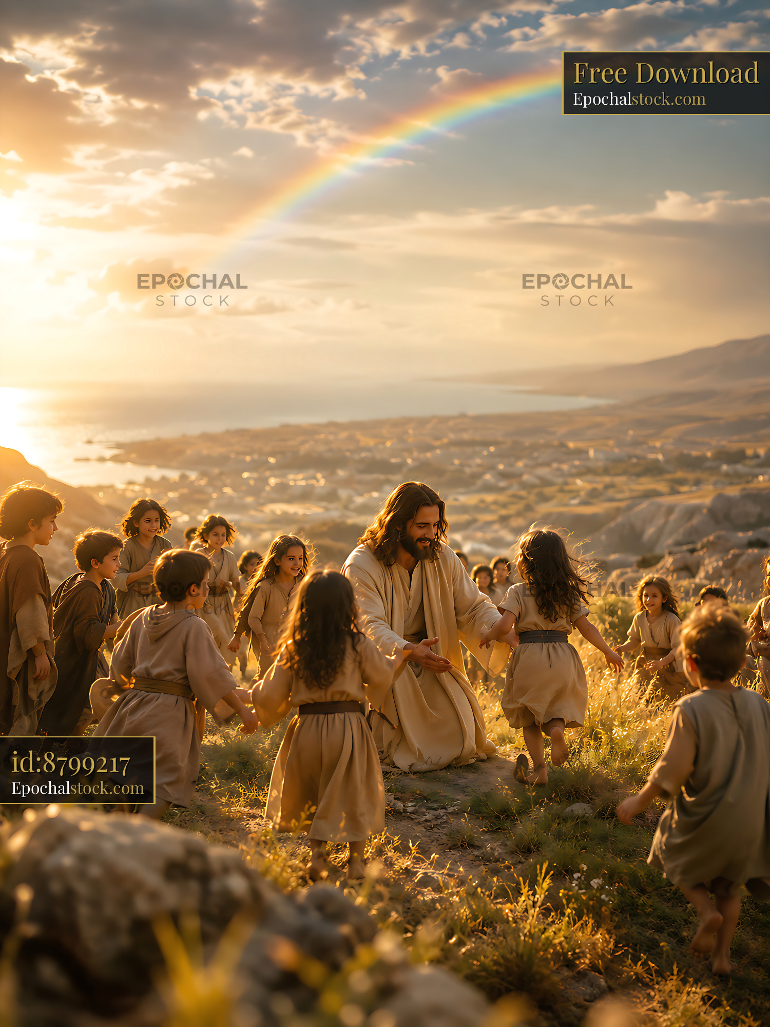 Jesus With Children on a Hillside During Sunset and Rainbow - stock photo