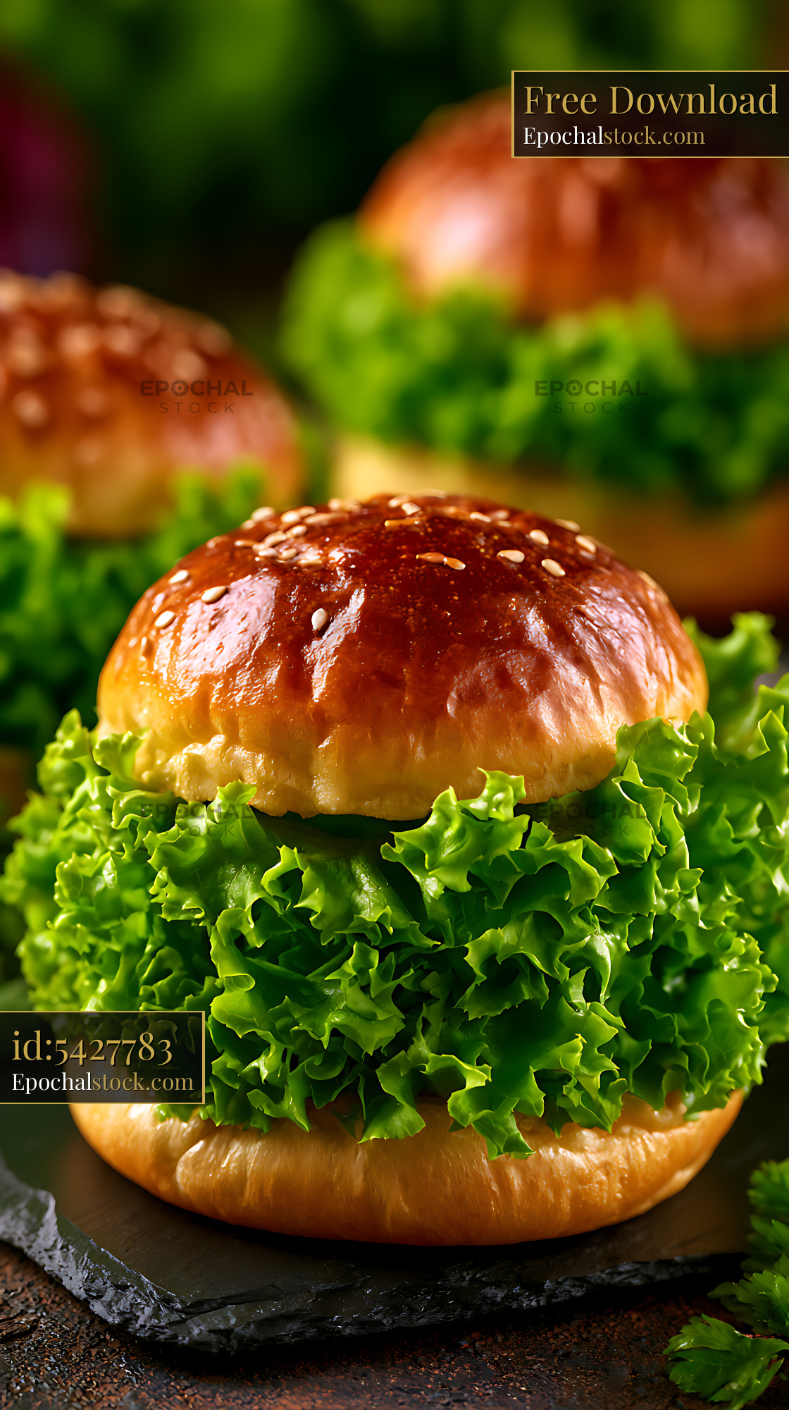 Watermarked full-resolution preview of Fresh burgers with lettuce on a dark surface