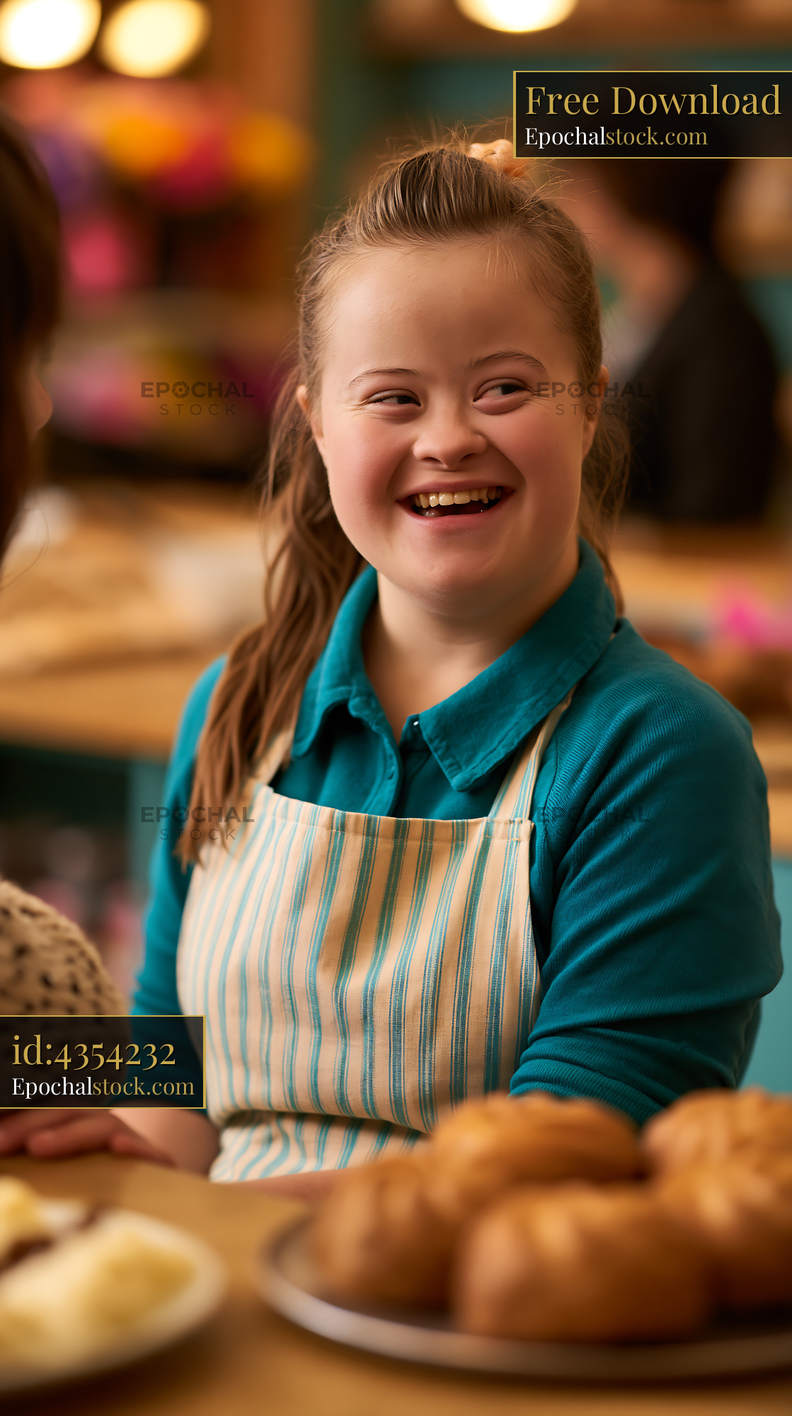 Watermarked full-resolution preview of Girl smiles while working in a bakery and interacting with a customer