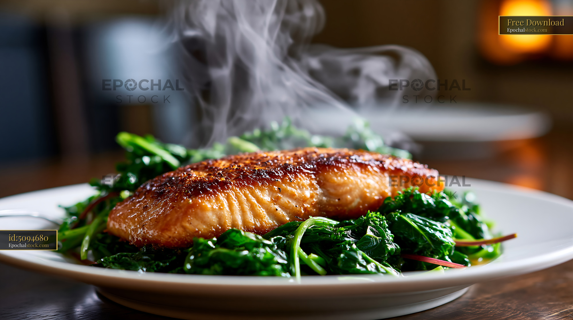 Watermarked full-resolution preview of Salmon fillet served on a bed of greens with steam rising