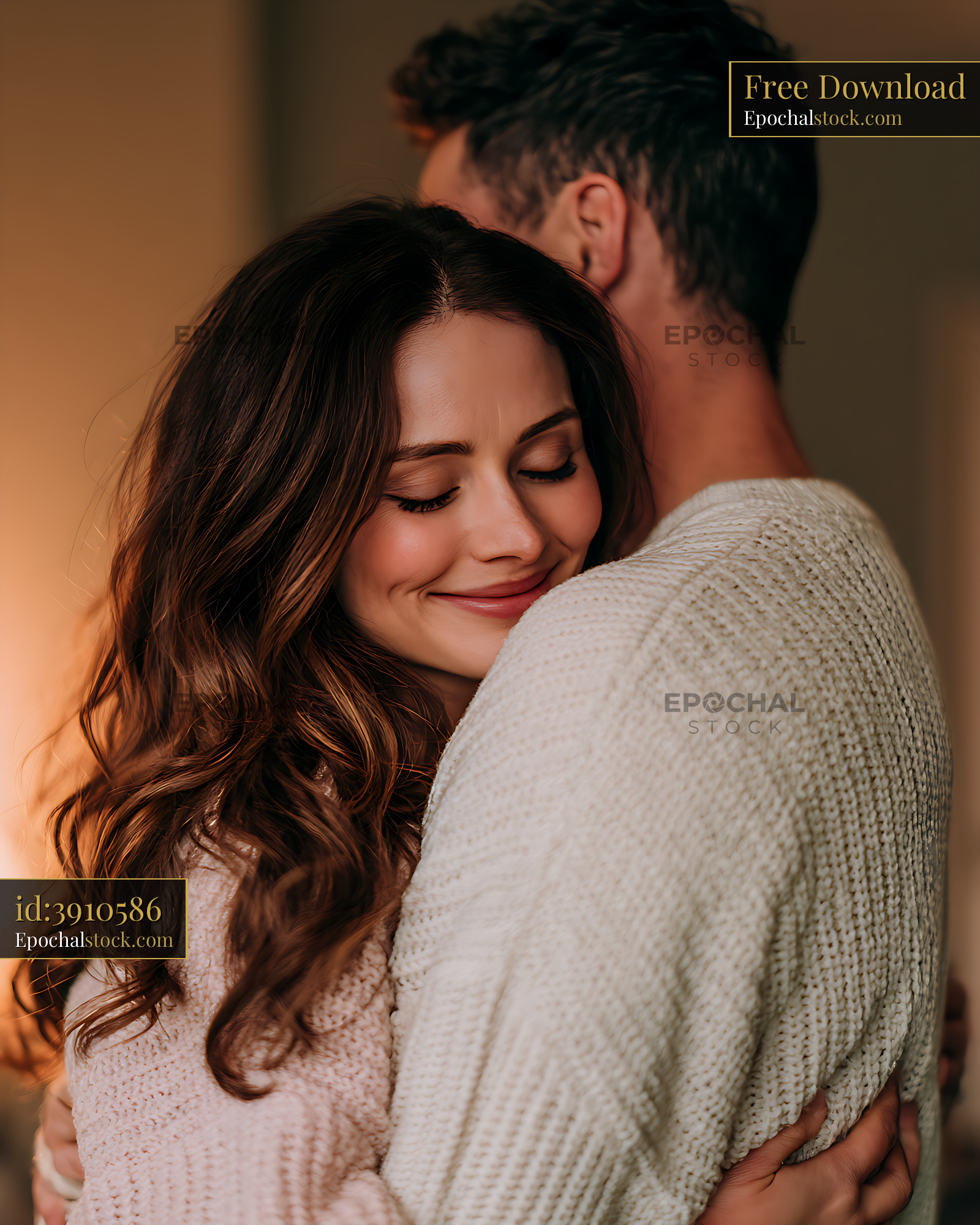 Watermarked full-resolution preview of Smiling woman hugging partner in warm indoor light