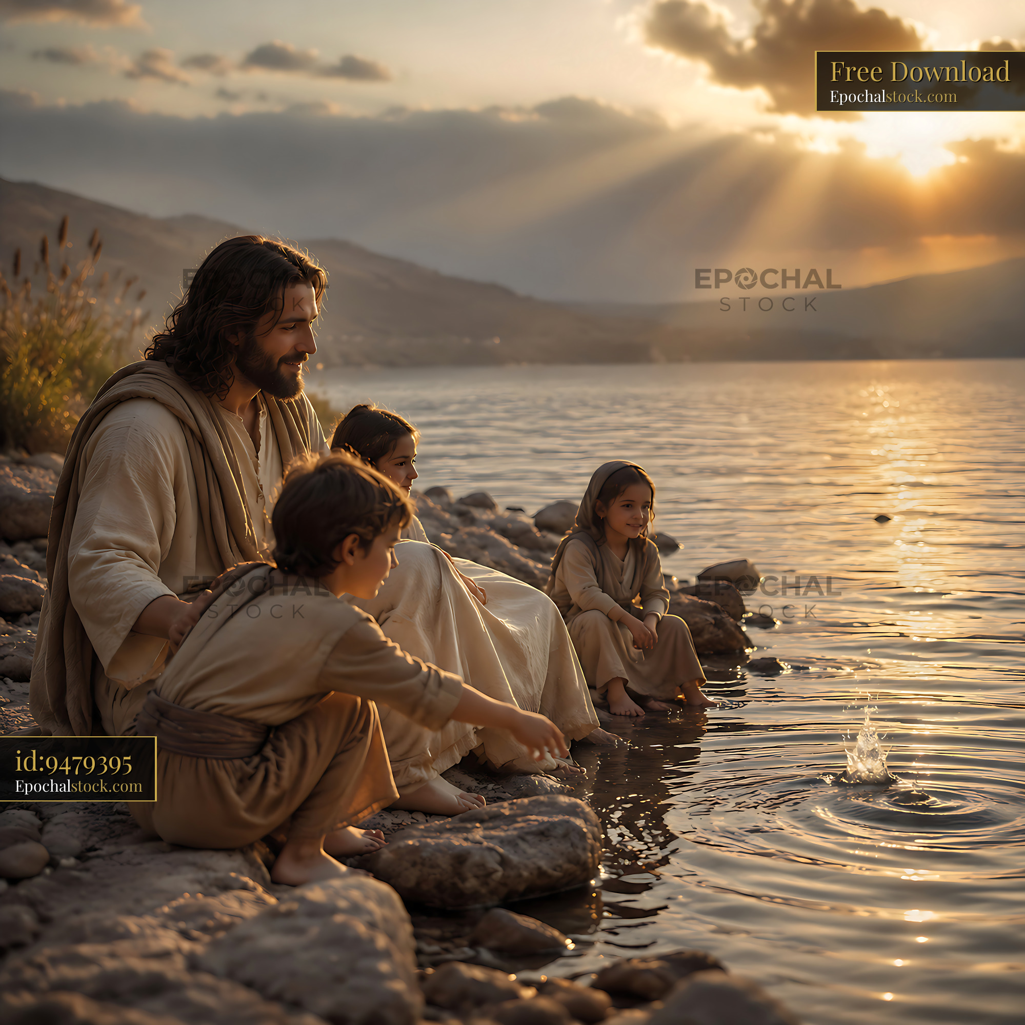 Watermarked full-resolution preview of People sitting by a lake during sunset