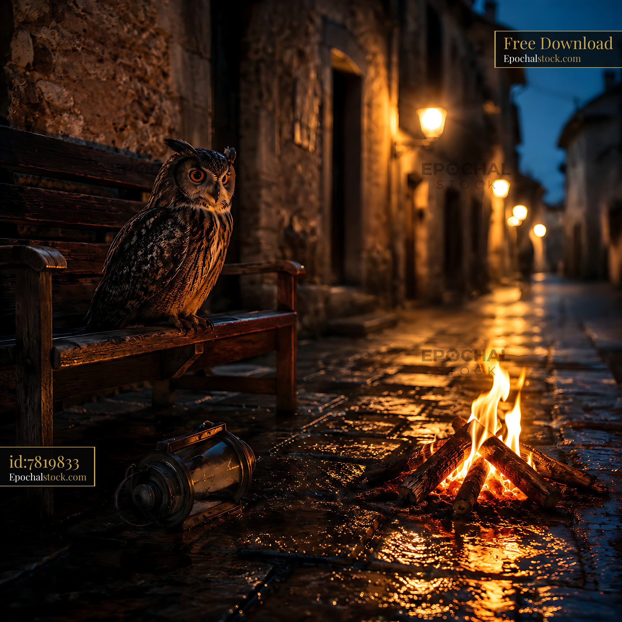 Owl Watches Fire on a Street Bench at Night in an Old Town - stock photo