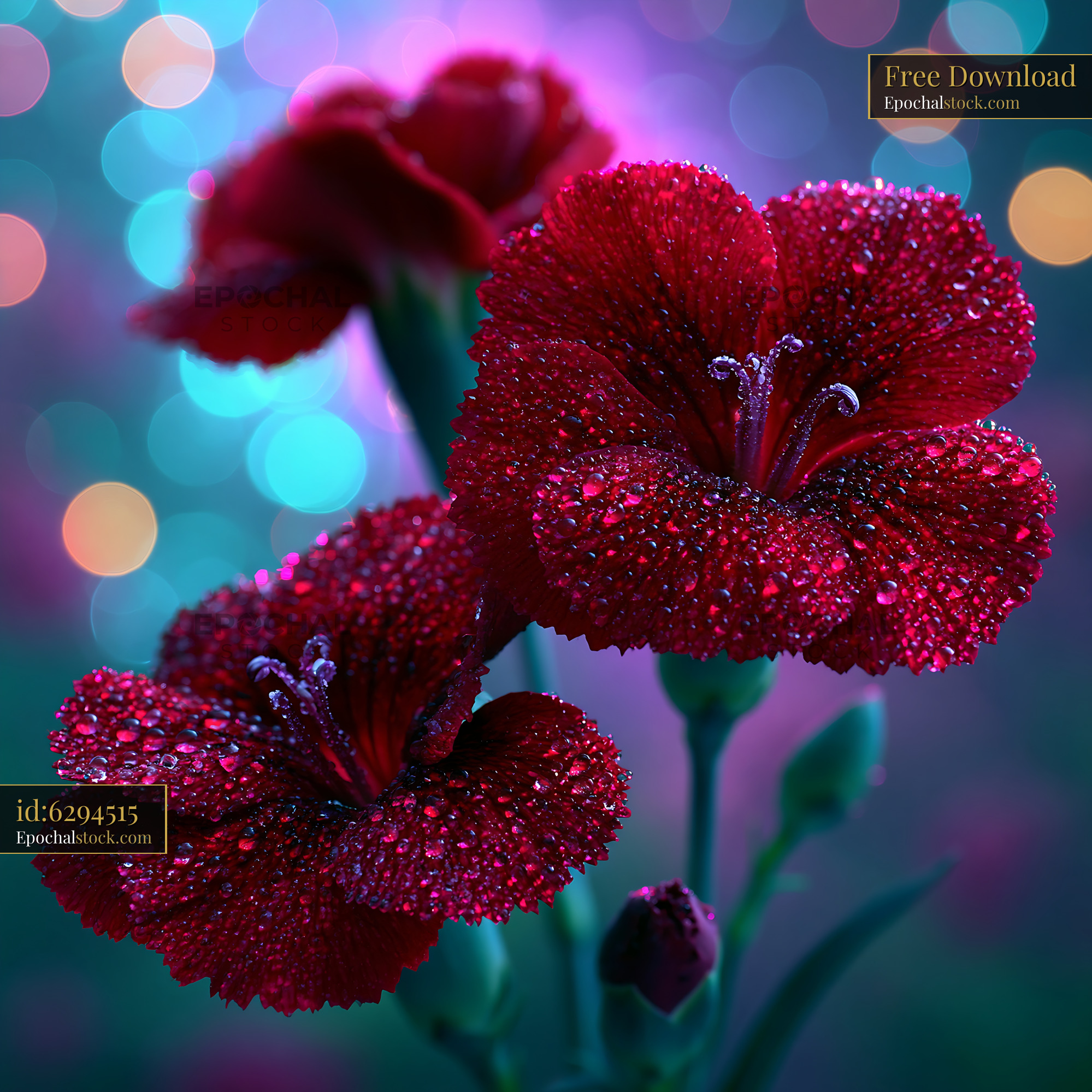 Watermarked full-resolution preview of Red flowers with drops of water in colorful background