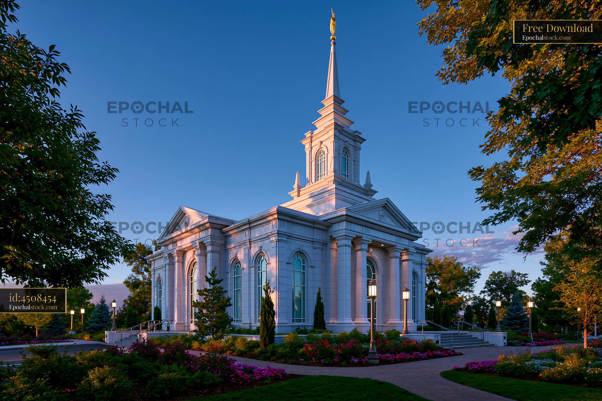 Watermarked full-resolution preview of Church building surrounded by gardens during sunset