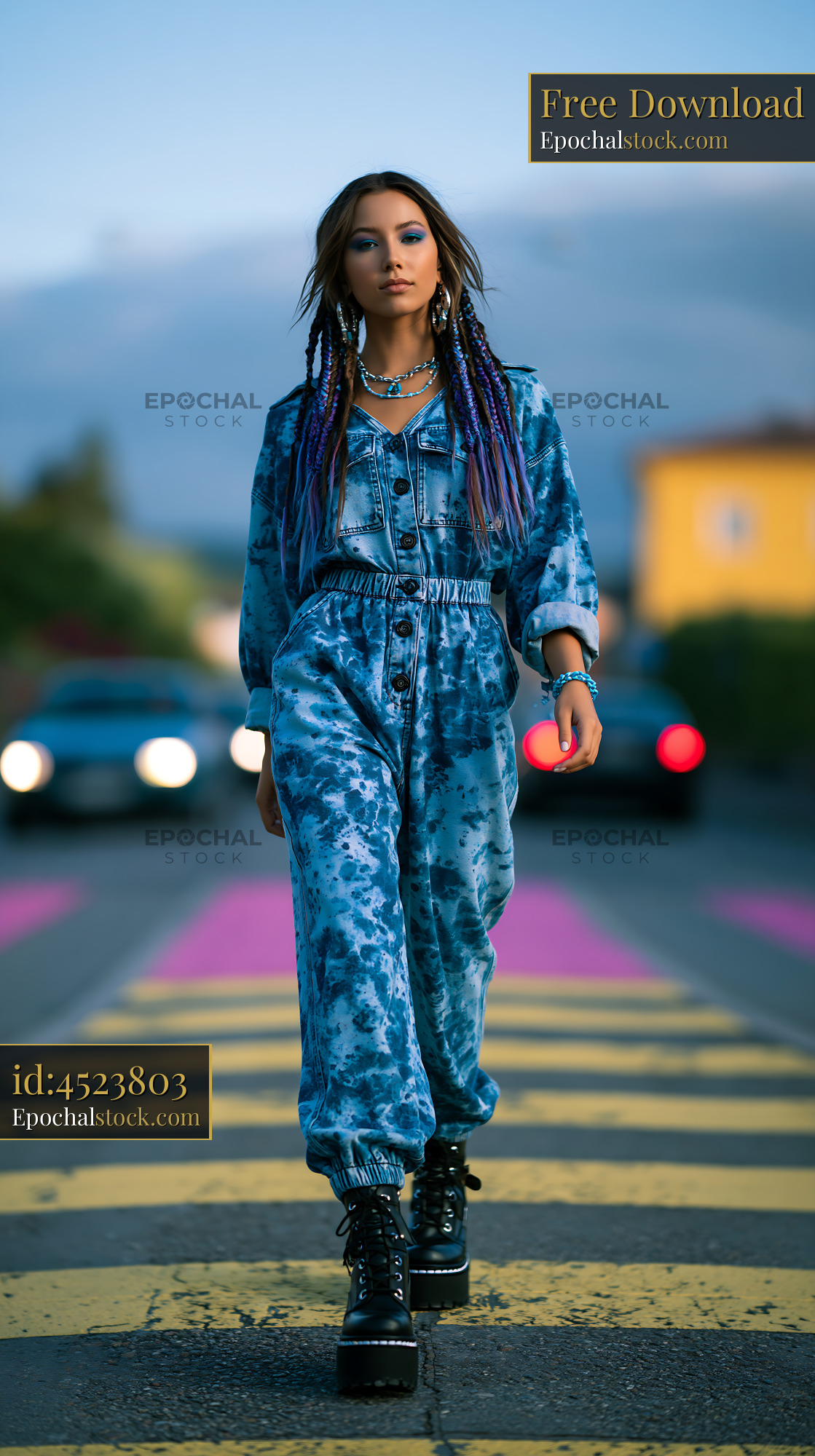 Watermarked full-resolution preview of Fashionable woman walking through an urban street