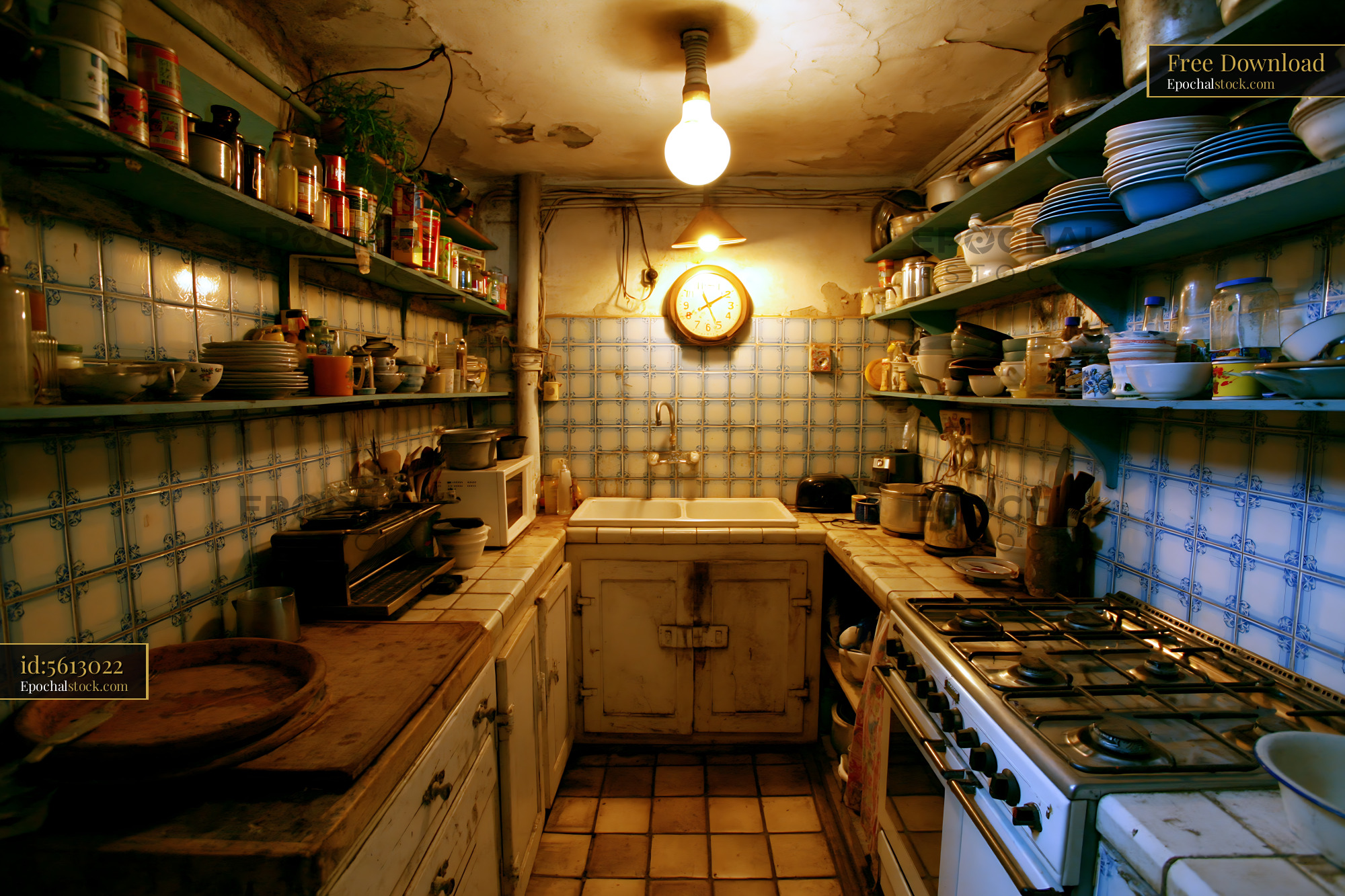 Watermarked full-resolution preview of Old kitchen with worn cabinets and rustic decor