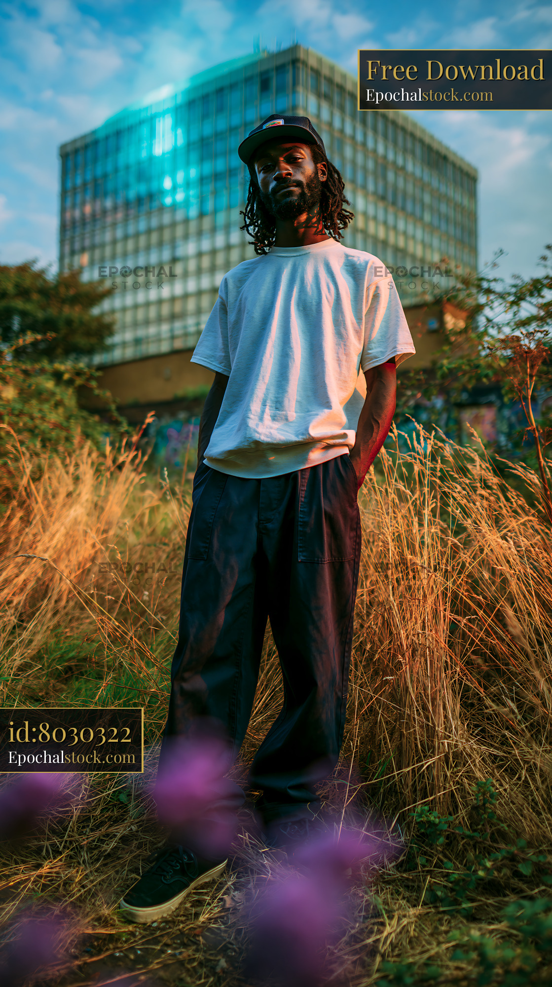 Watermarked full-resolution preview of Man standing in tall grass near a building at sunset