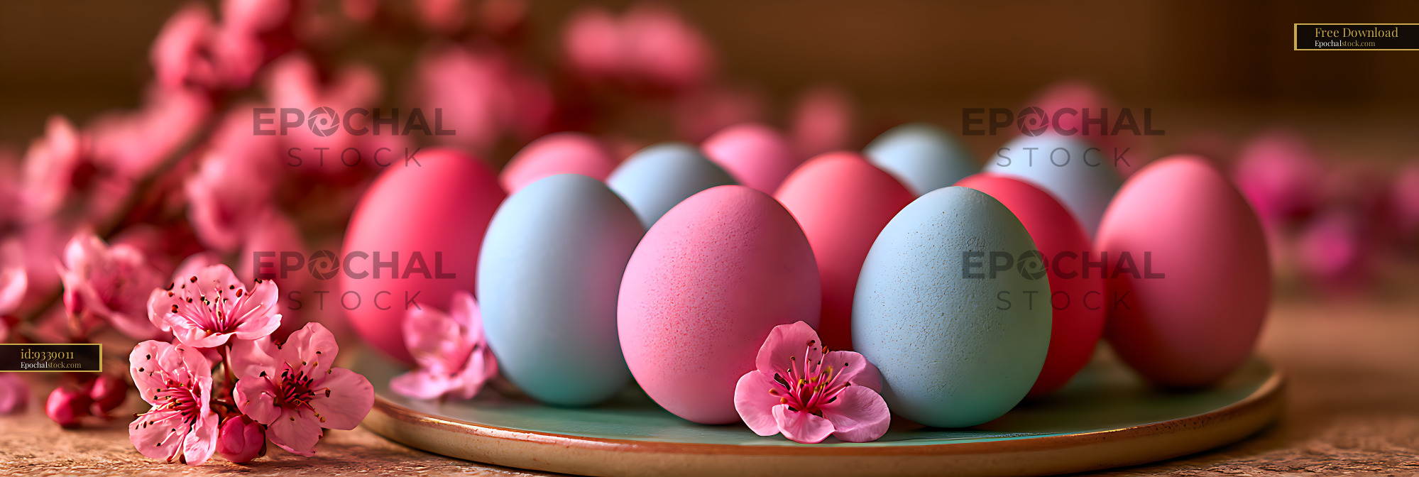 Watermarked full-resolution preview of Pastel colored eggs with spring flowers
