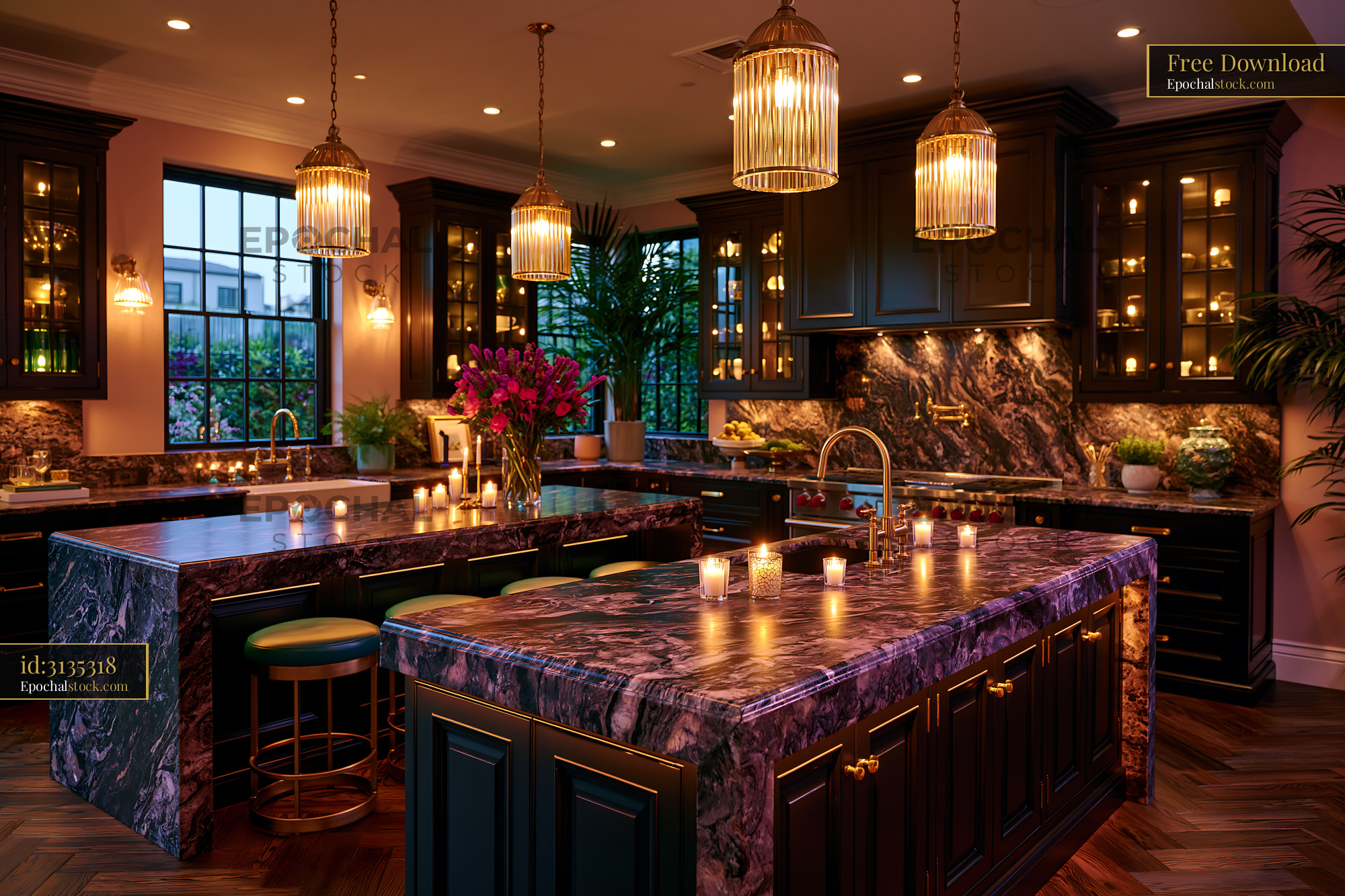 Watermarked full-resolution preview of Modern kitchen with elegant fixtures and warm lighting
