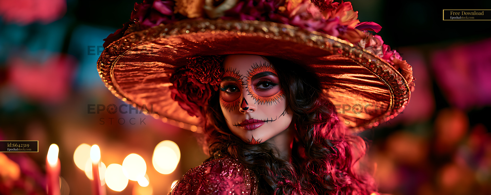 Watermarked full-resolution preview of Woman wearing floral sombrero with decorative skull face paint