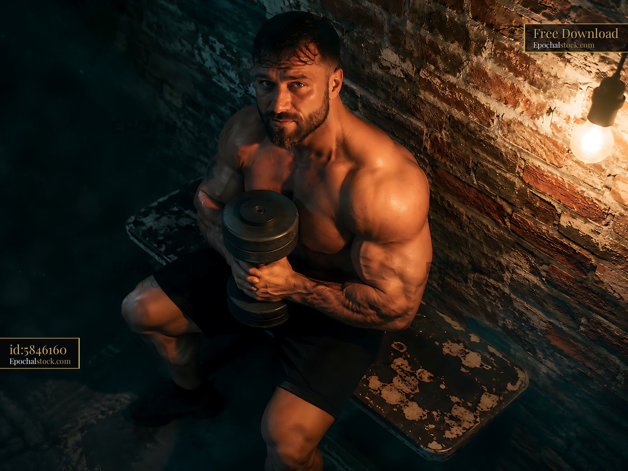 Watermarked full-resolution preview of Bodybuilder resting with dumbbell in a workout space