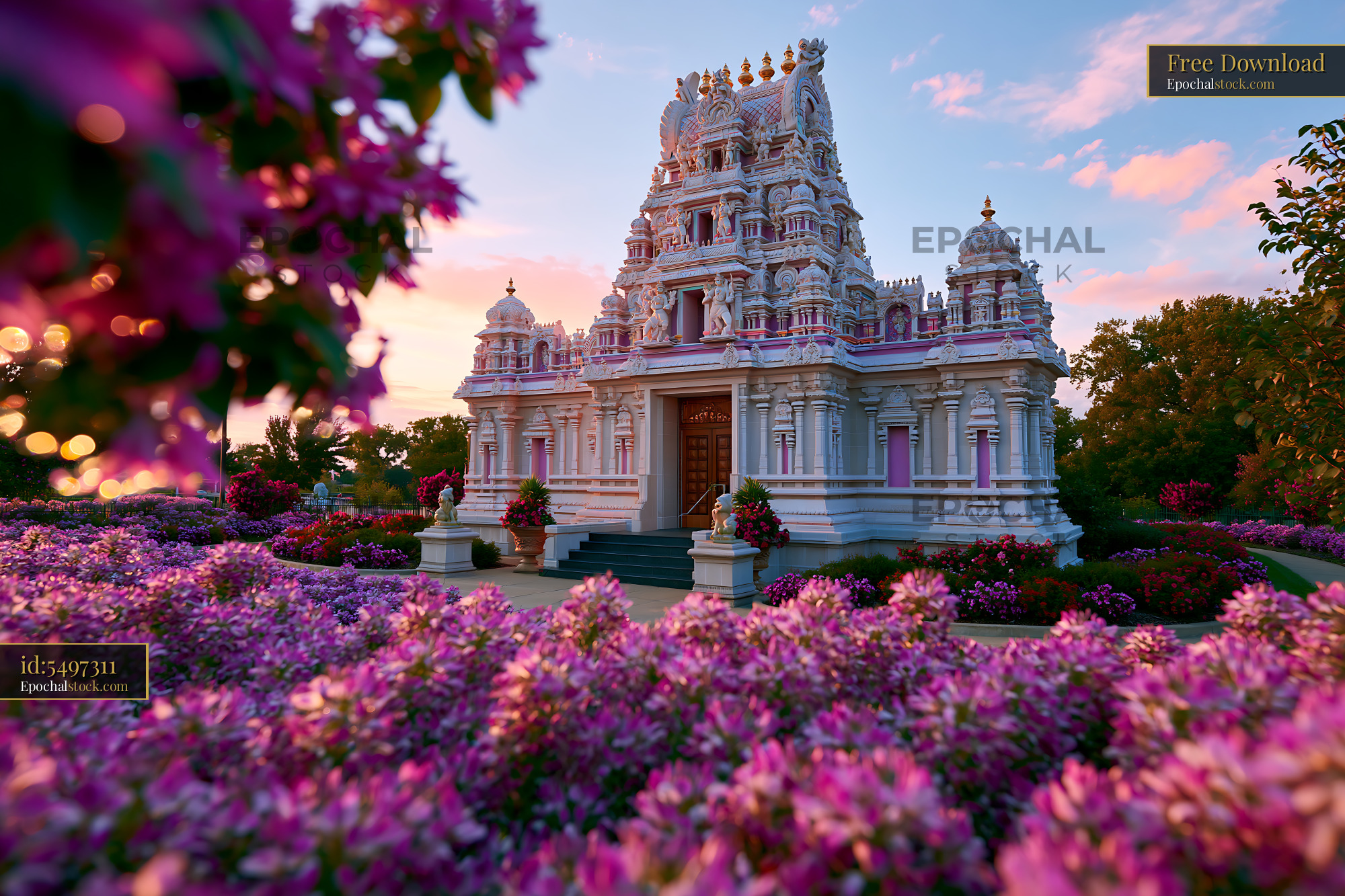 Watermarked full-resolution preview of Colorful flowers surround a temple at sunset in a garden setting