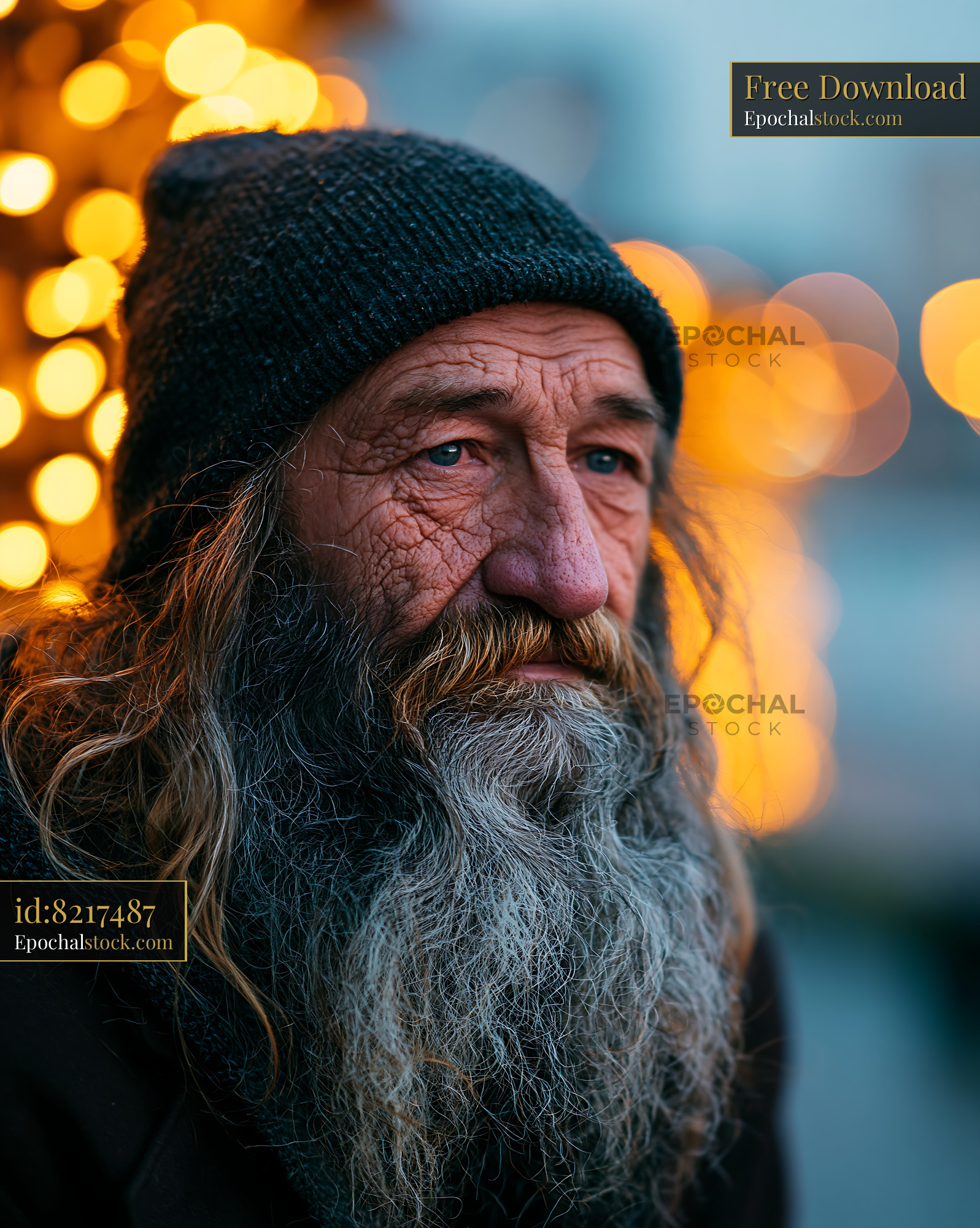 Watermarked full-resolution preview of Elderly man with long beard and hat against blurred lights