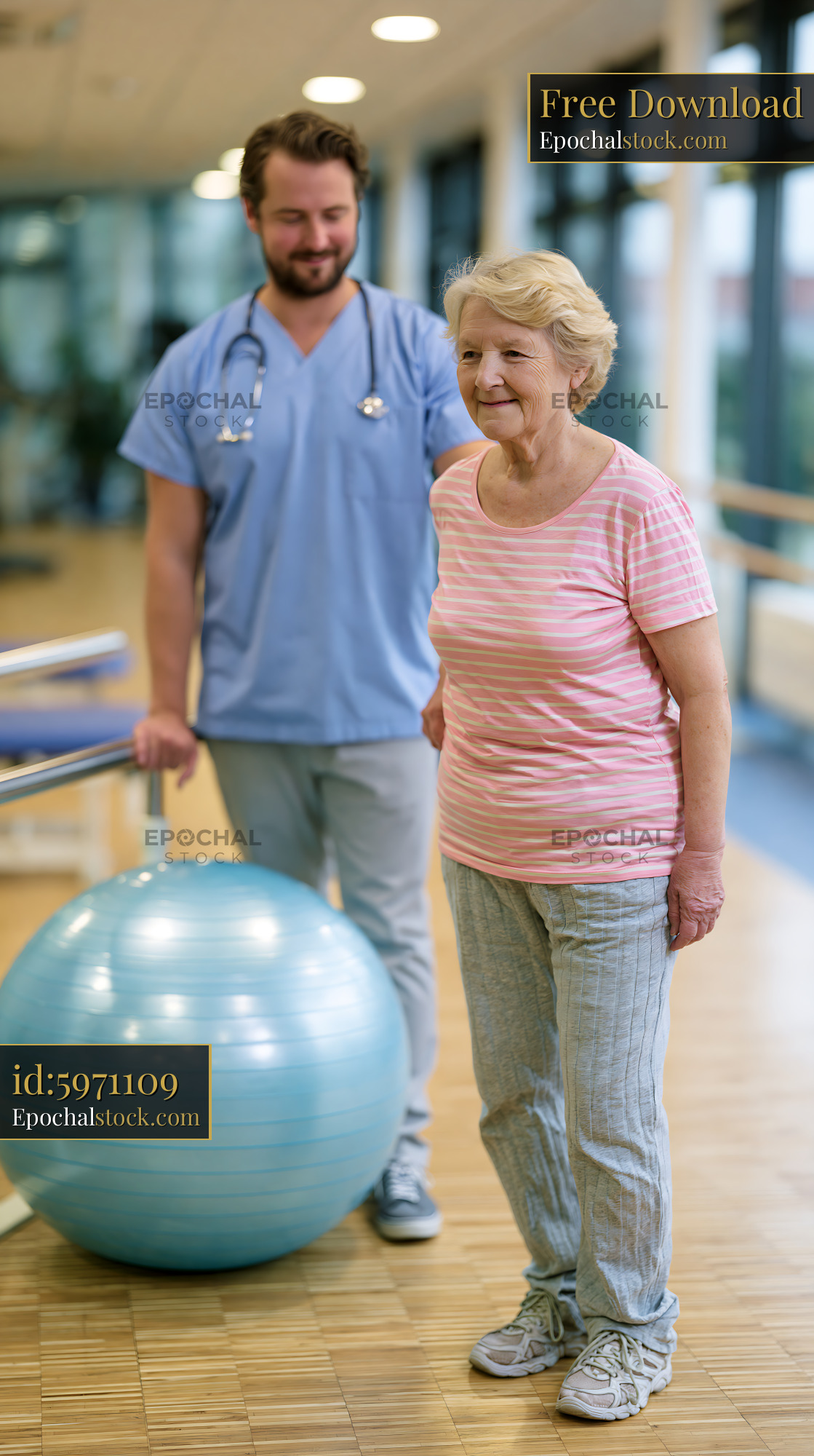 Watermarked full-resolution preview of Therapist assists elderly woman during rehabilitation session