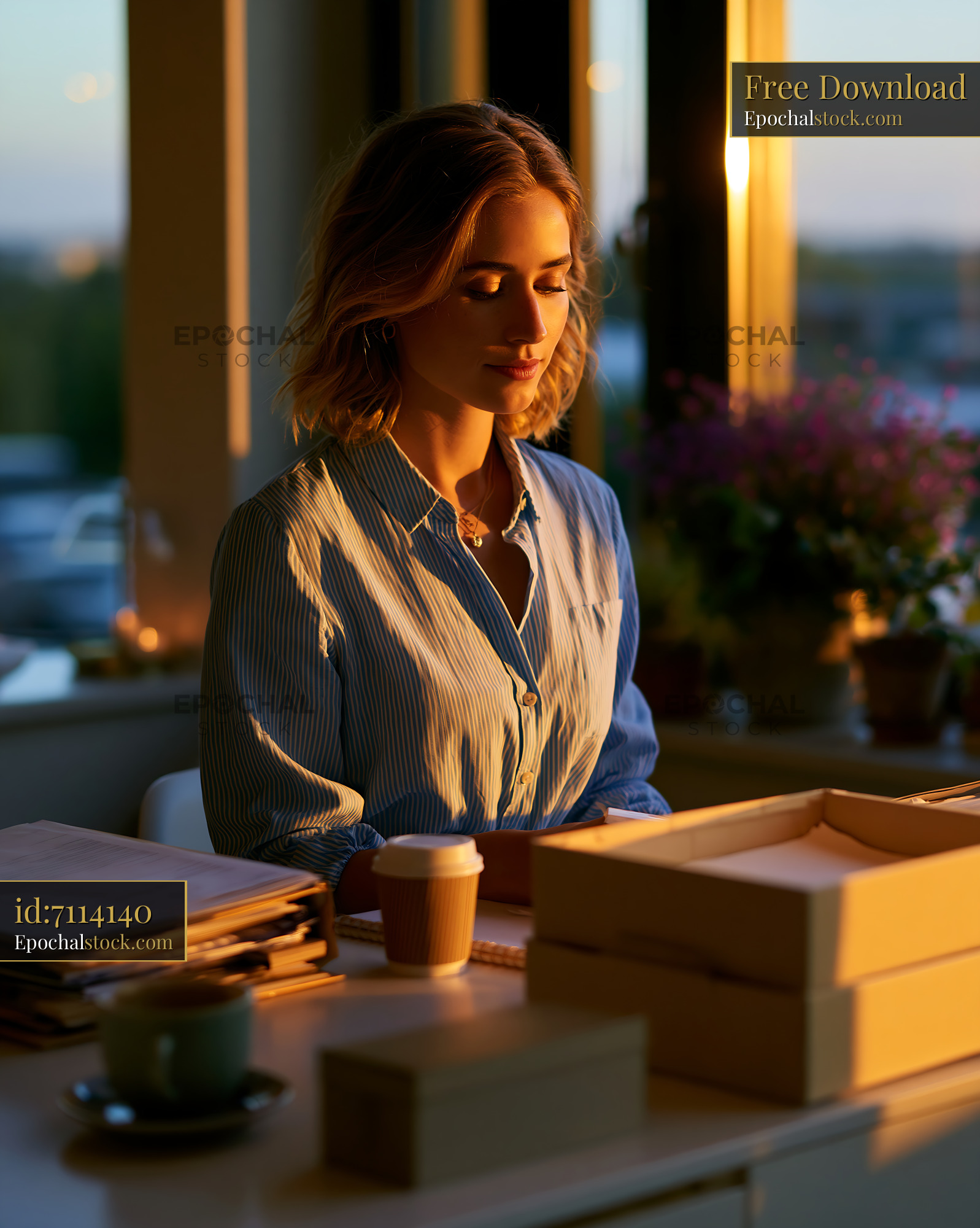Watermarked full-resolution preview of Woman working at a desk during sunset in a cozy office