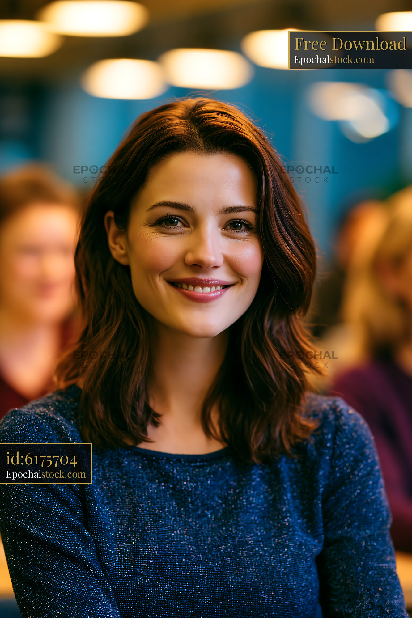 Watermarked full-resolution preview of Smiling woman in a blue top sitting in a busy room