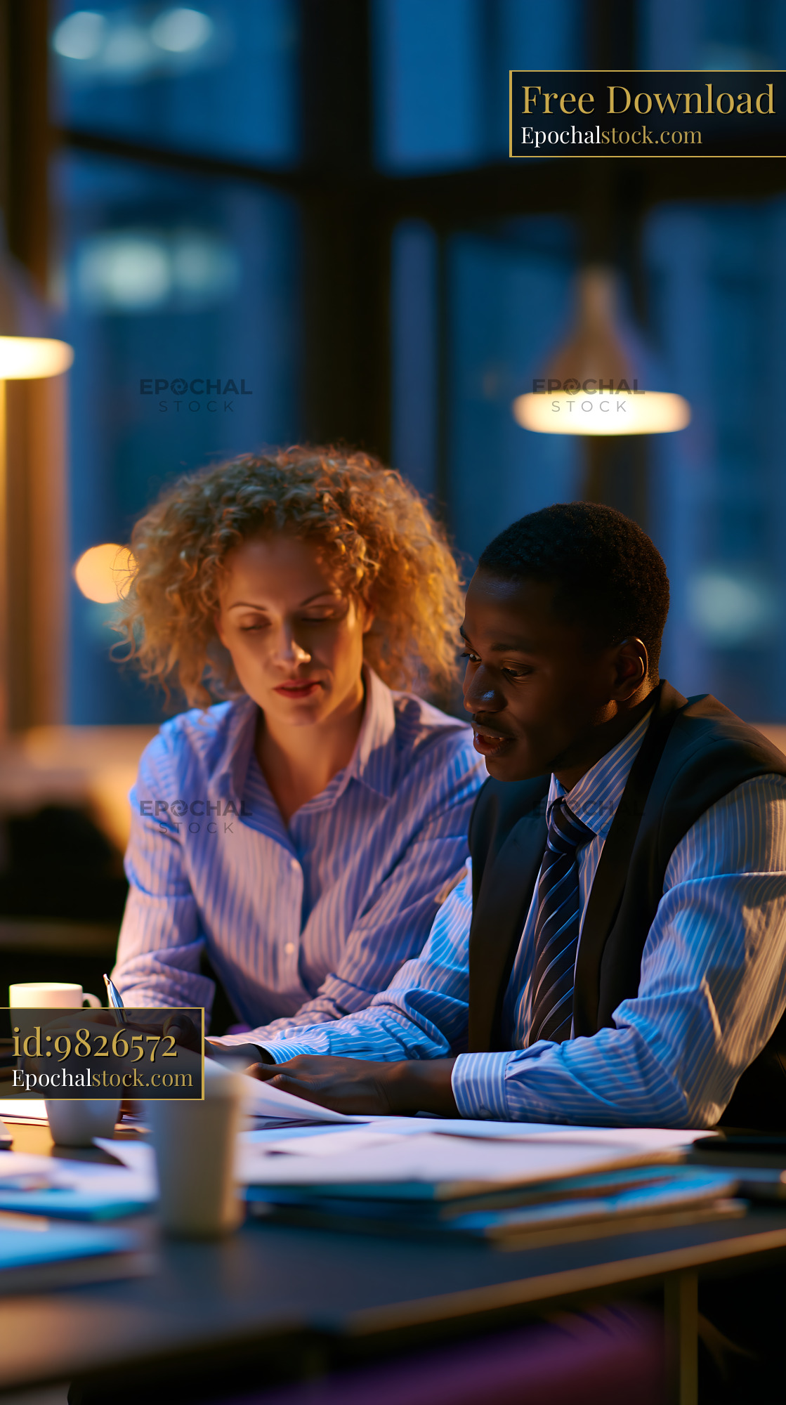 Watermarked full-resolution preview of Business colleagues working late at night in modern office