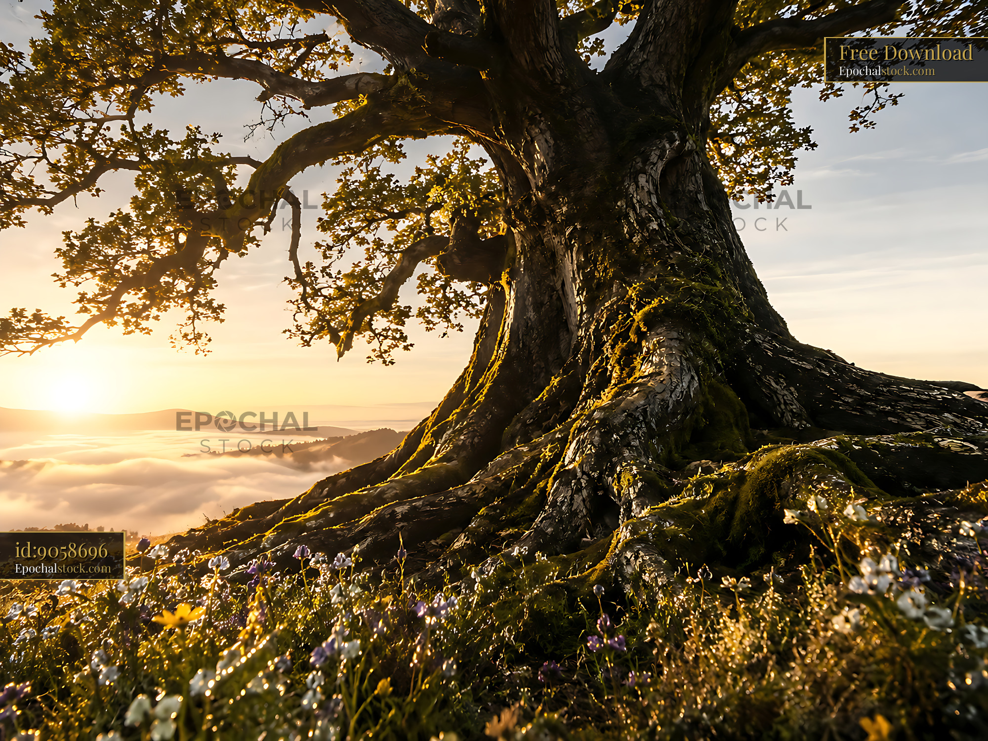 Watermarked full-resolution preview of Sunrise light shining through a large tree in a foggy landscape