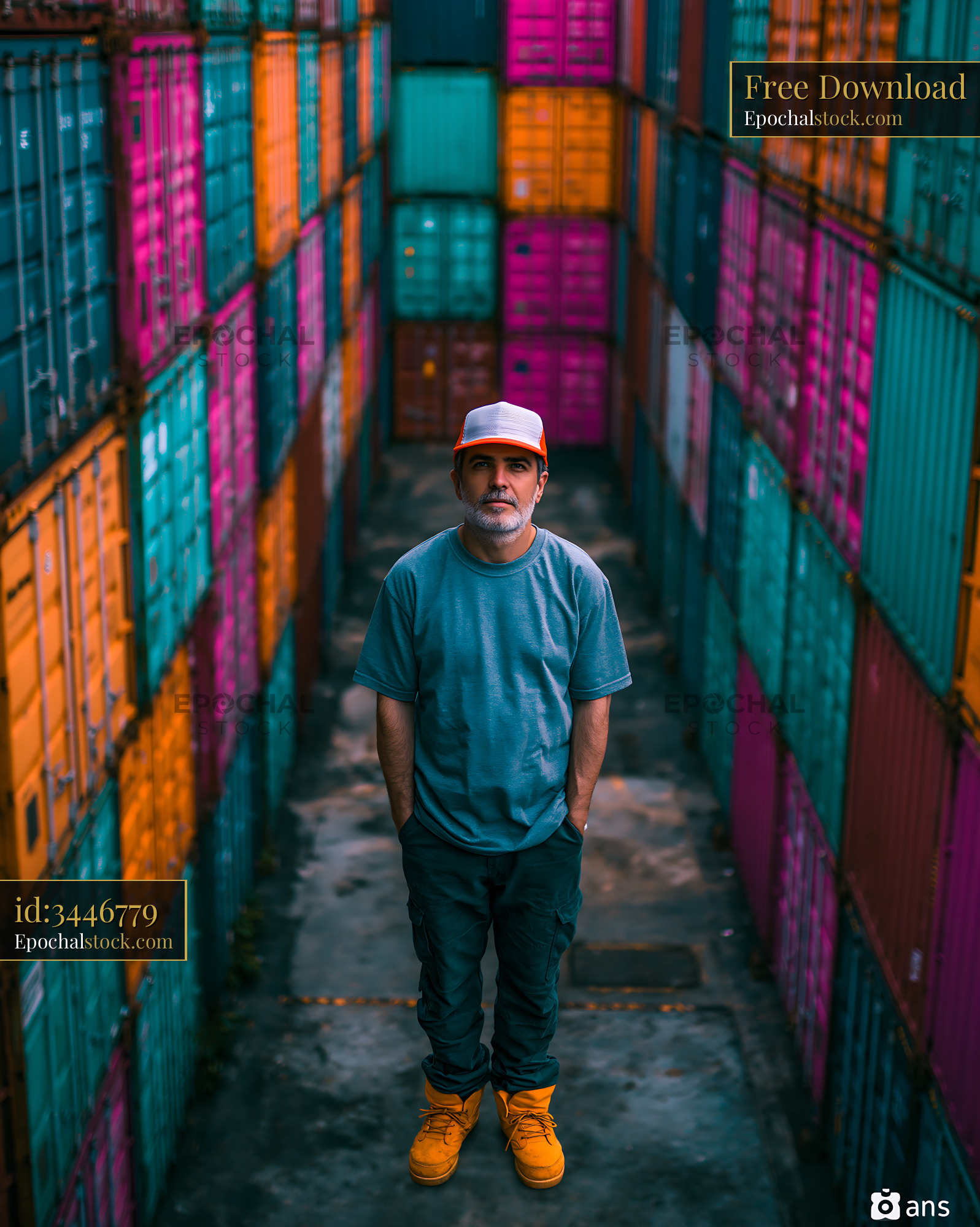 Watermarked full-resolution preview of Man stands among colorful shipping containers in a storage area