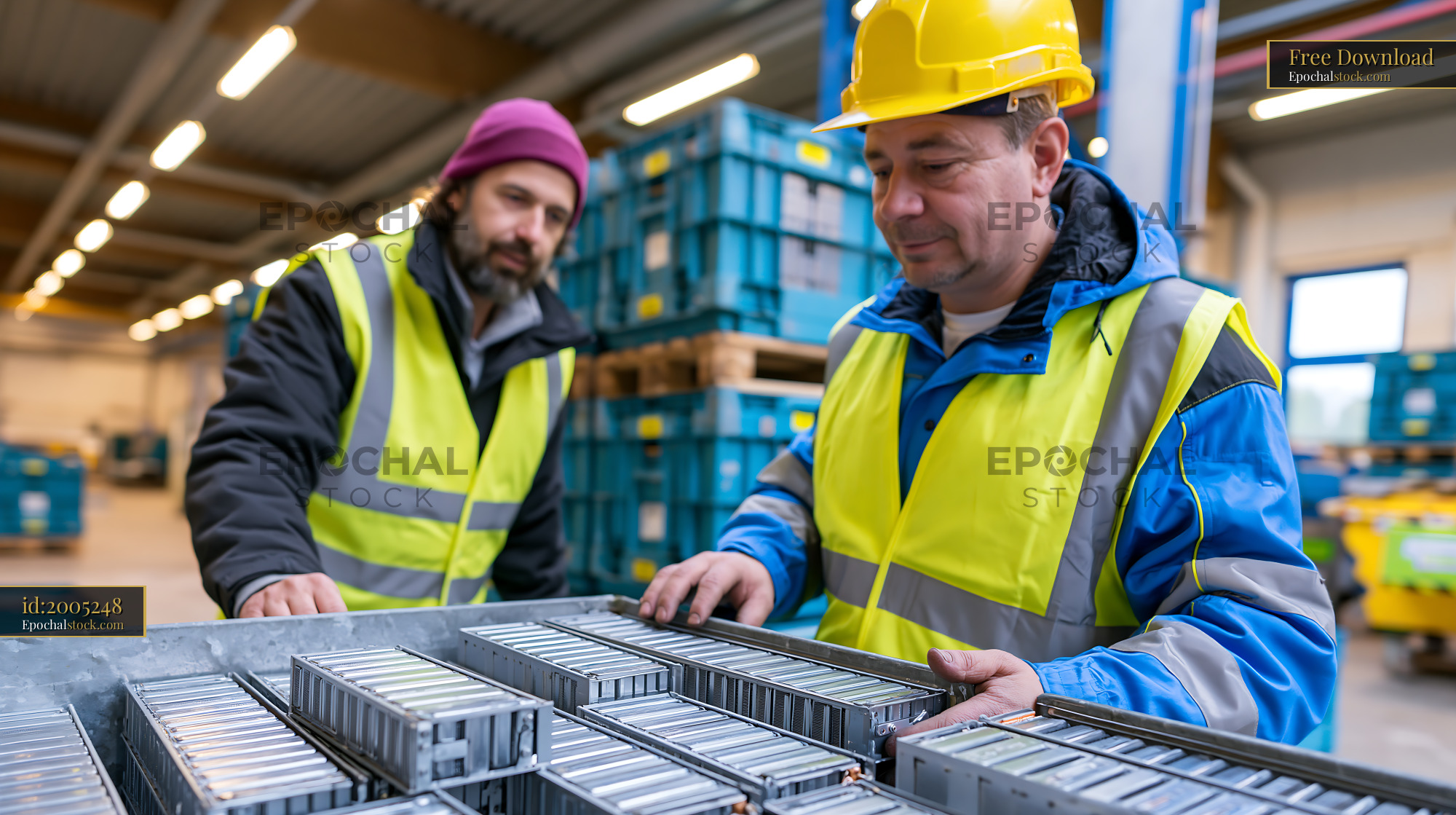 Watermarked full-resolution preview of Workers inspecting storage containers in a warehouse