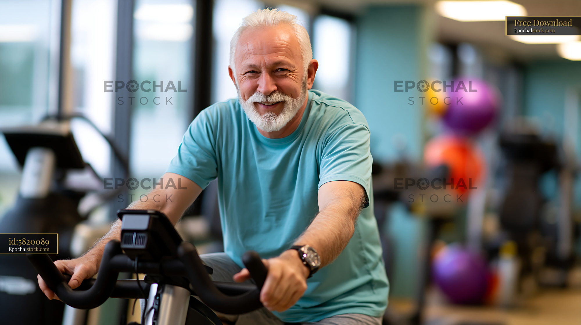 Watermarked full-resolution preview of Senior man exercising on stationary bike in fitness center