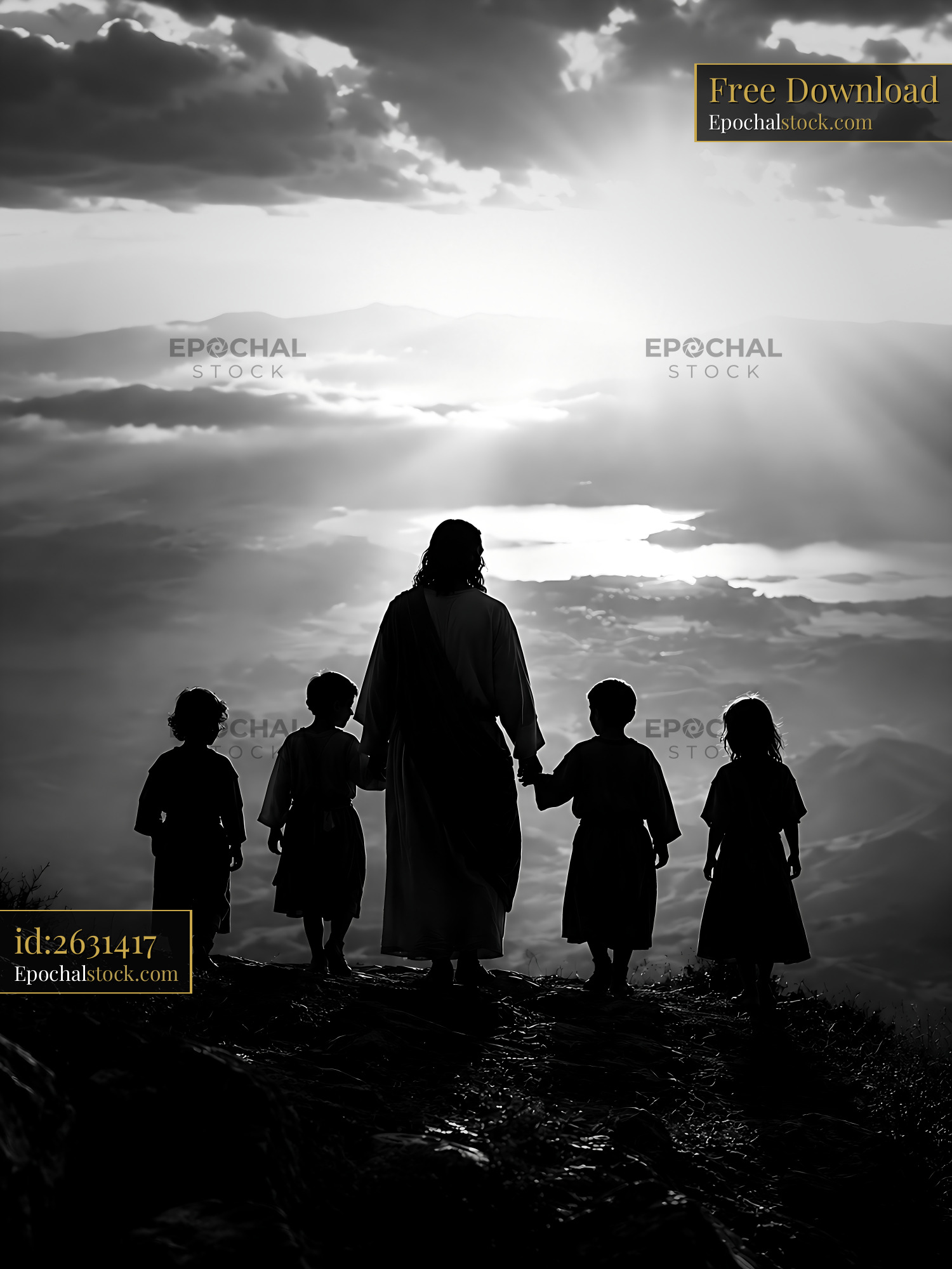 Watermarked full-resolution preview of Silhouette of a figure and children against a cloudy sky