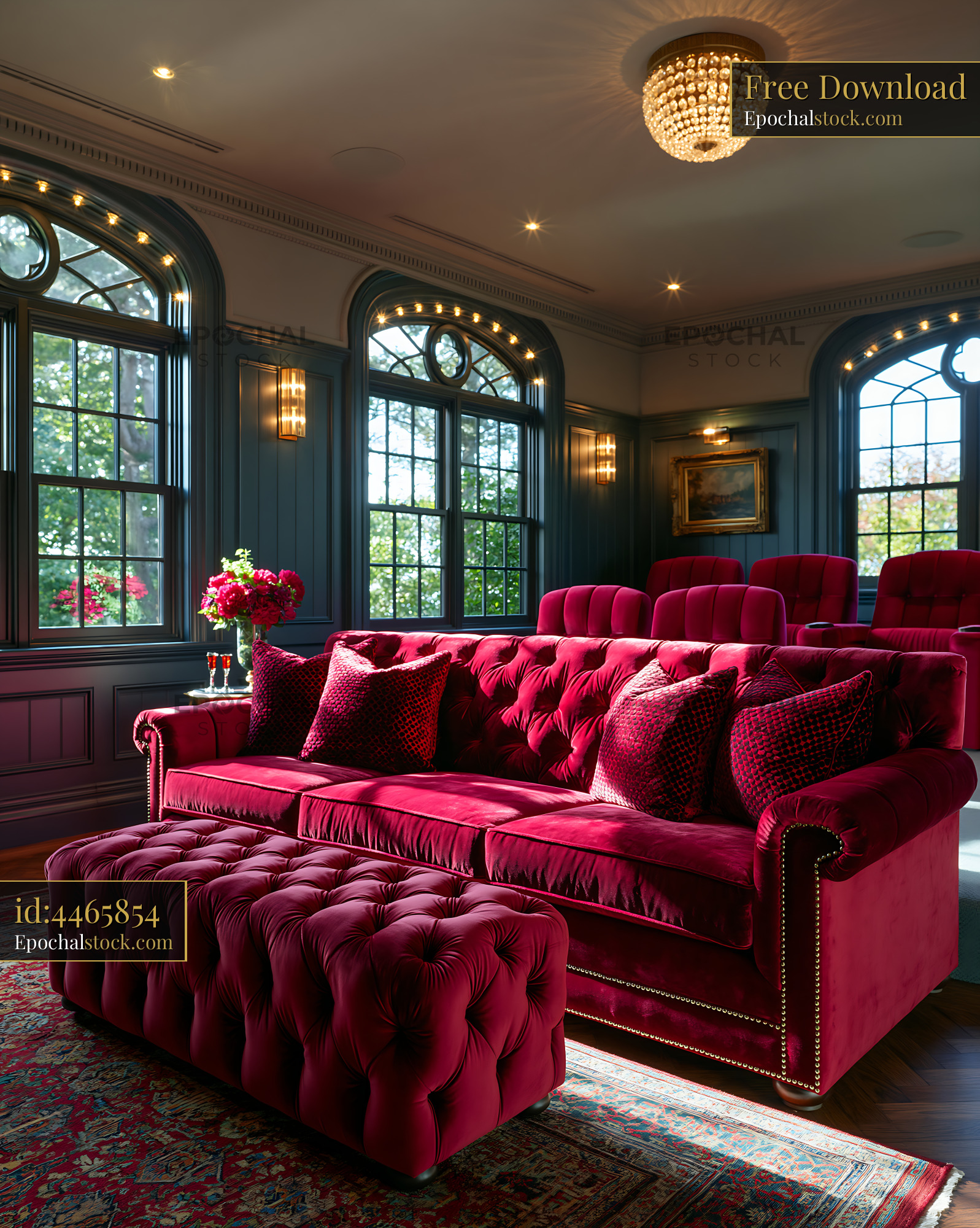 Watermarked full-resolution preview of Luxurious red velvet sofa in an elegant room with large windows