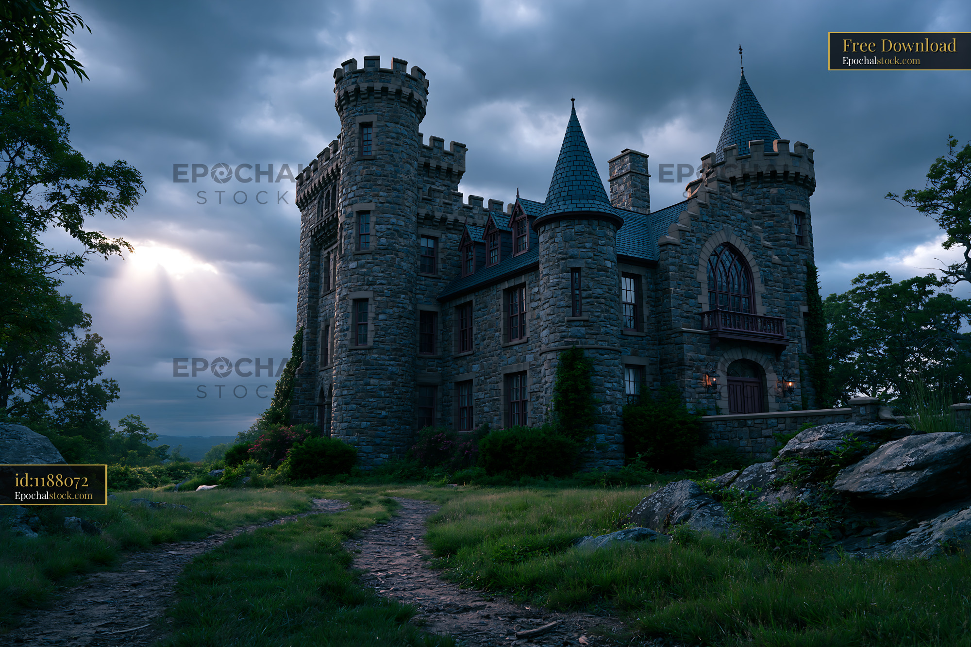Watermarked full-resolution preview of Stone castle with towers under a cloudy sky at twilight