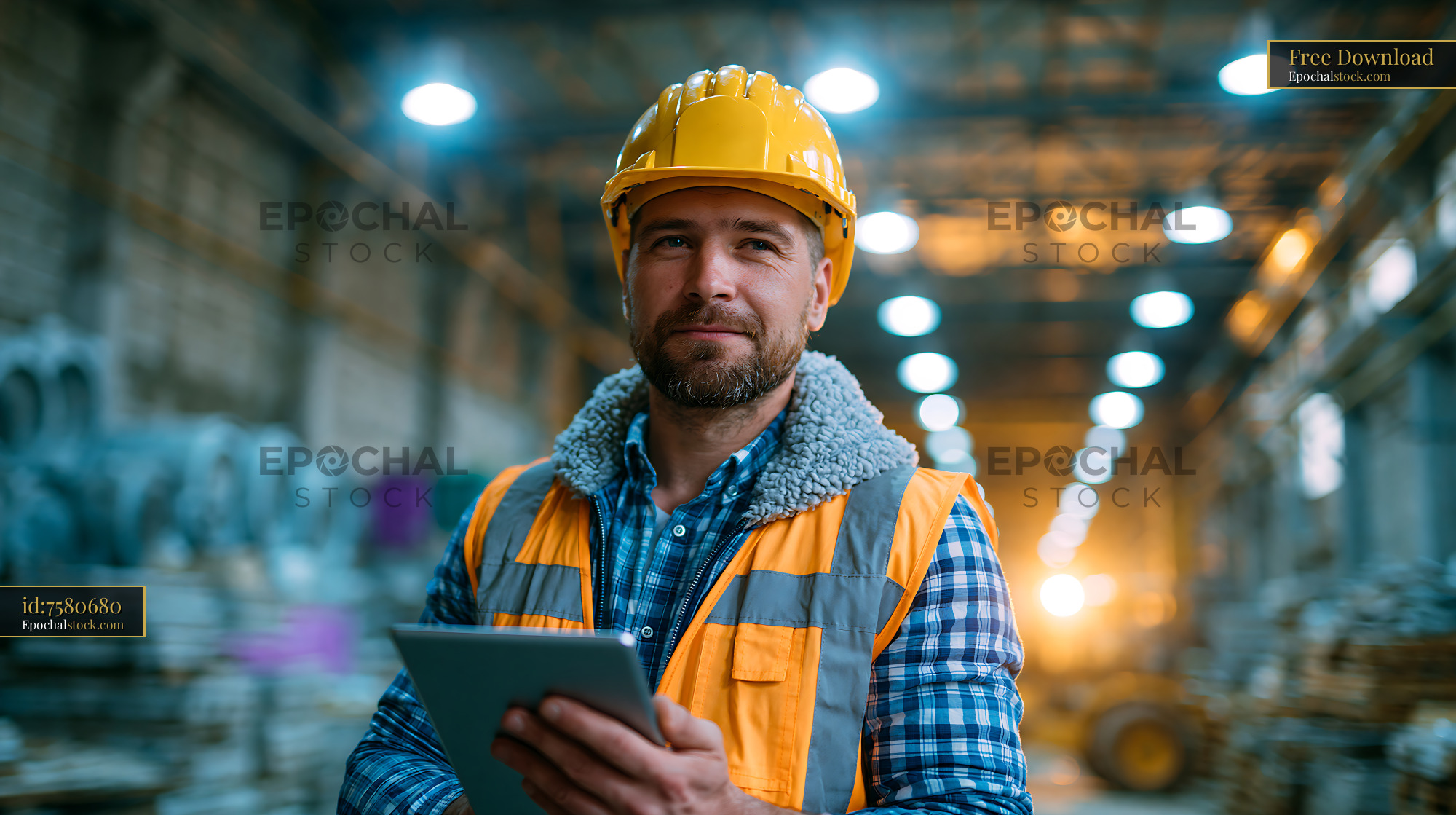 Watermarked full-resolution preview of Worker in hard hat holding tablet in industrial interior