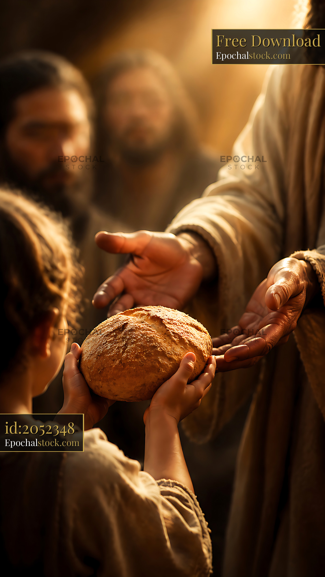 Watermarked full-resolution preview of Child receiving bread from a figure in soft light