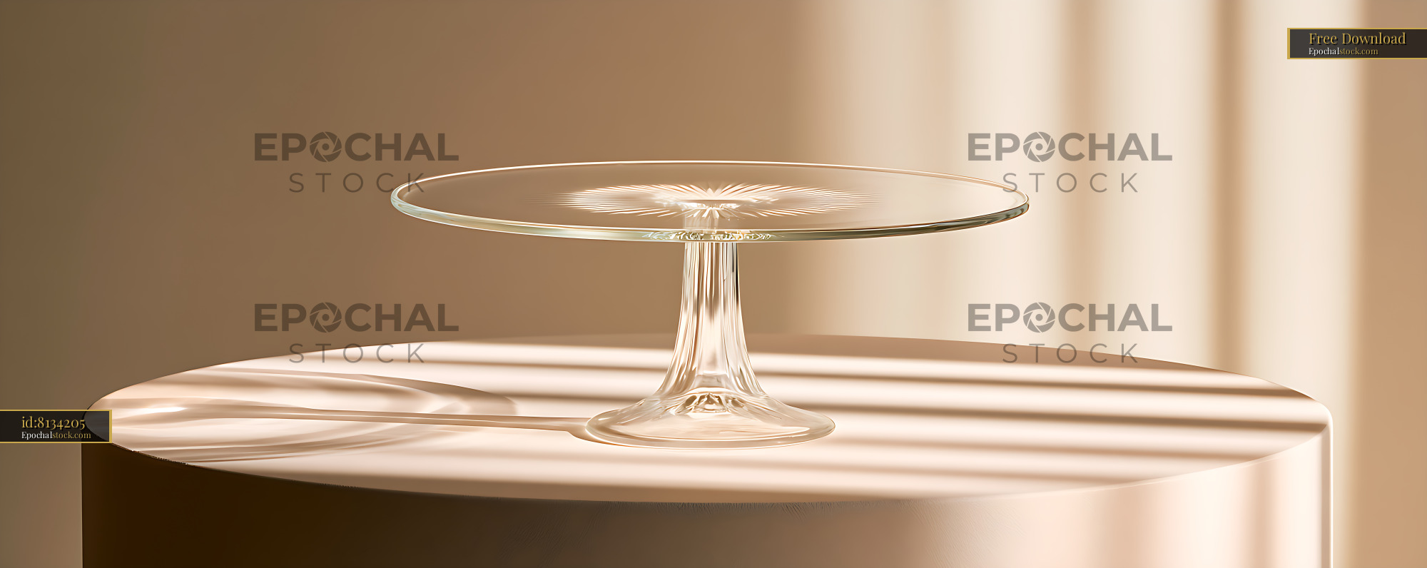 Watermarked full-resolution preview of Clear glass dessert stand with warm striped sunlight