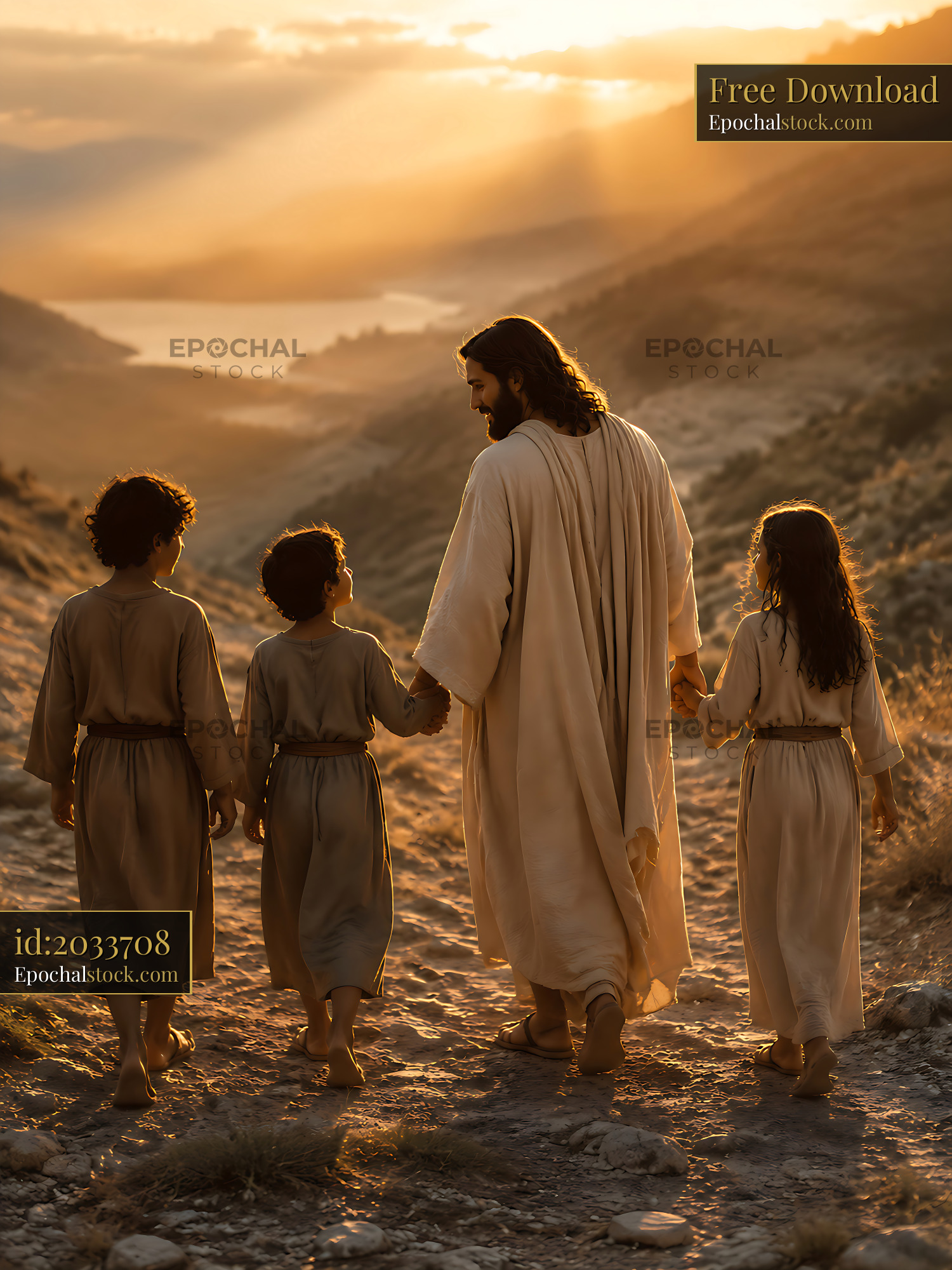 Watermarked full-resolution preview of Jesus walking with children on a path during sunset