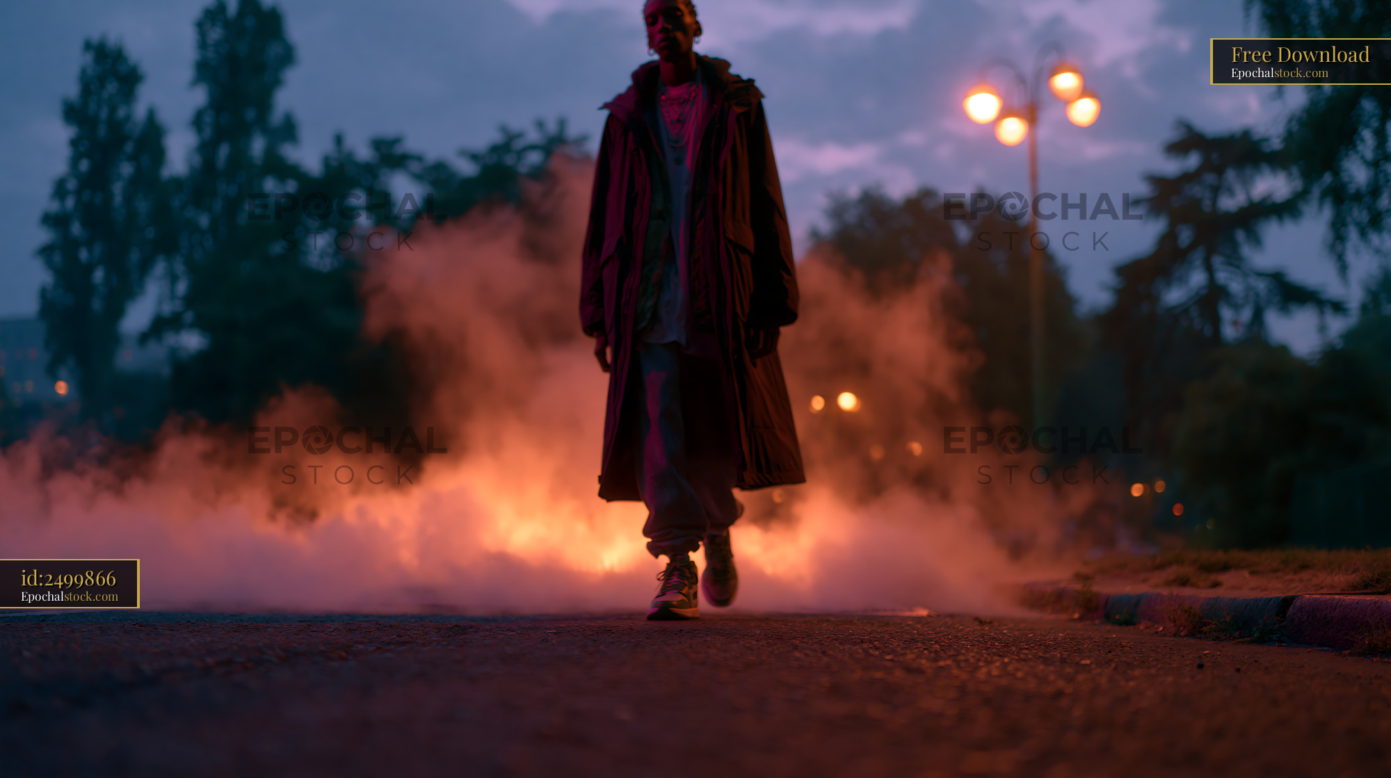 Watermarked full-resolution preview of Man walks through smoke at night in urban area