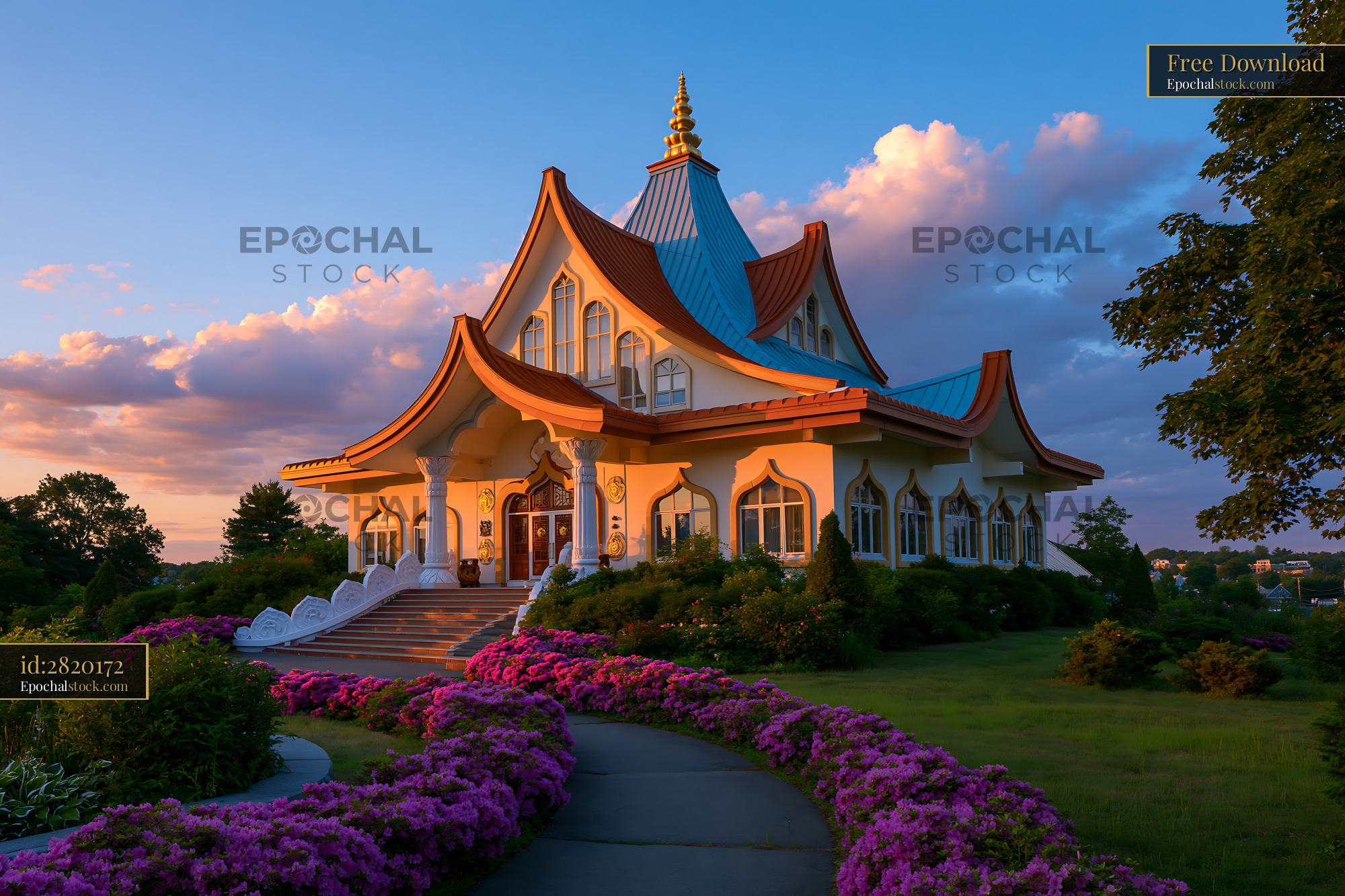 Watermarked full-resolution preview of Colorful building surrounded by flowers at sunset