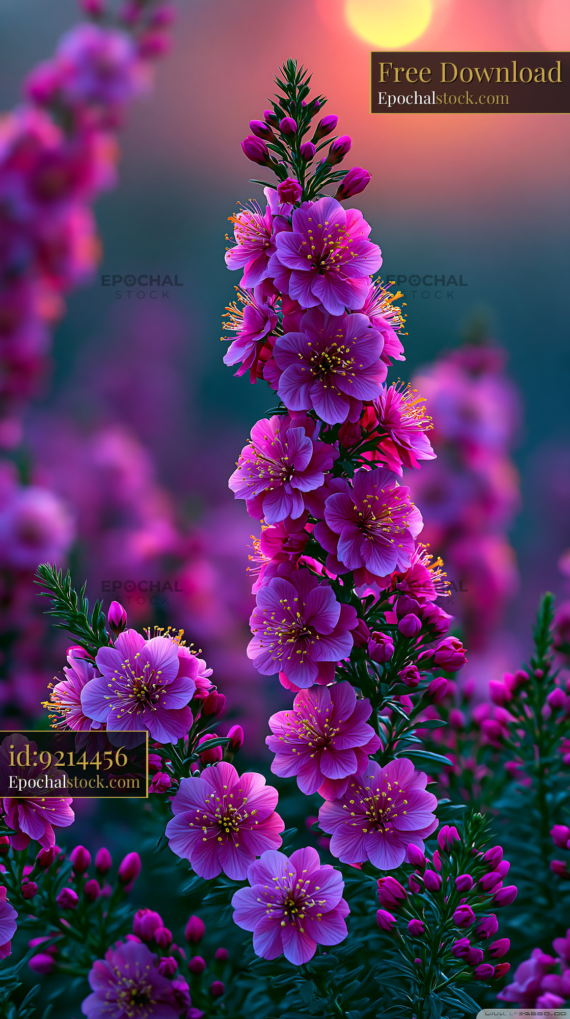 Watermarked full-resolution preview of Purple flowers in bloom during sunset
