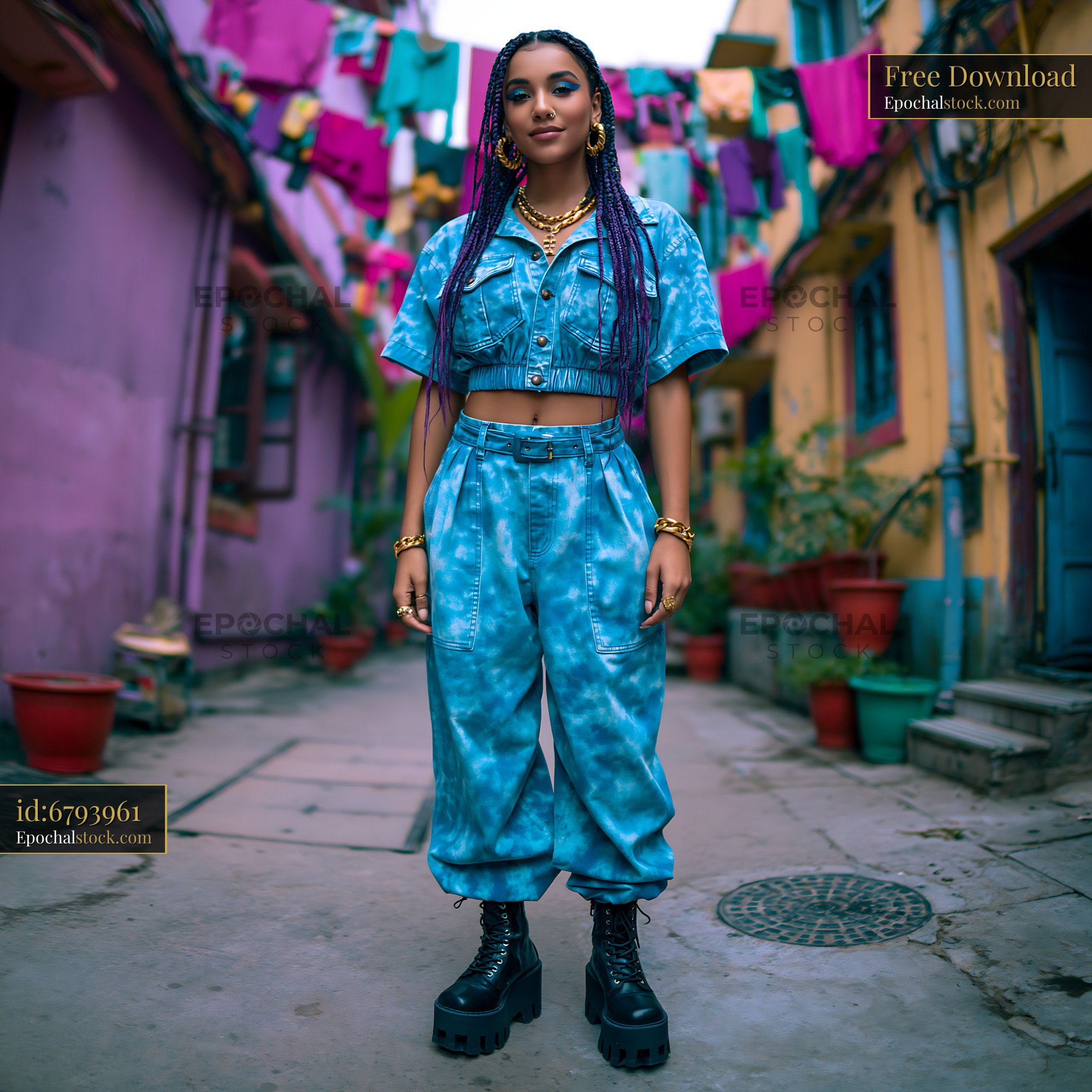 Watermarked full-resolution preview of Young woman in blue outfit standing in colorful alley