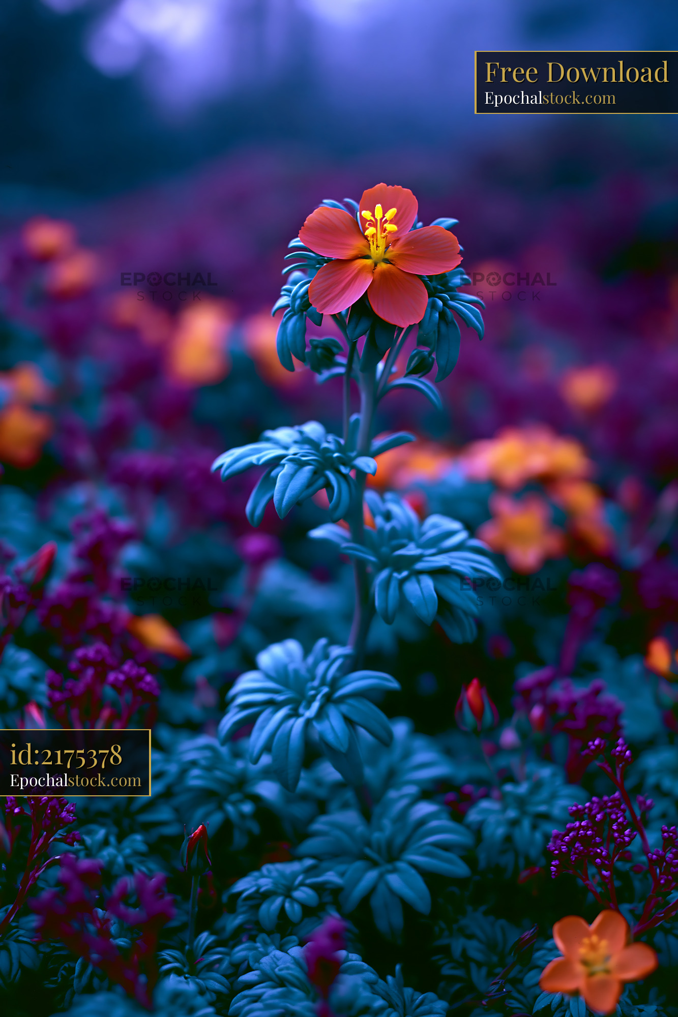 Watermarked full-resolution preview of Flower with vibrant petals among purple foliage