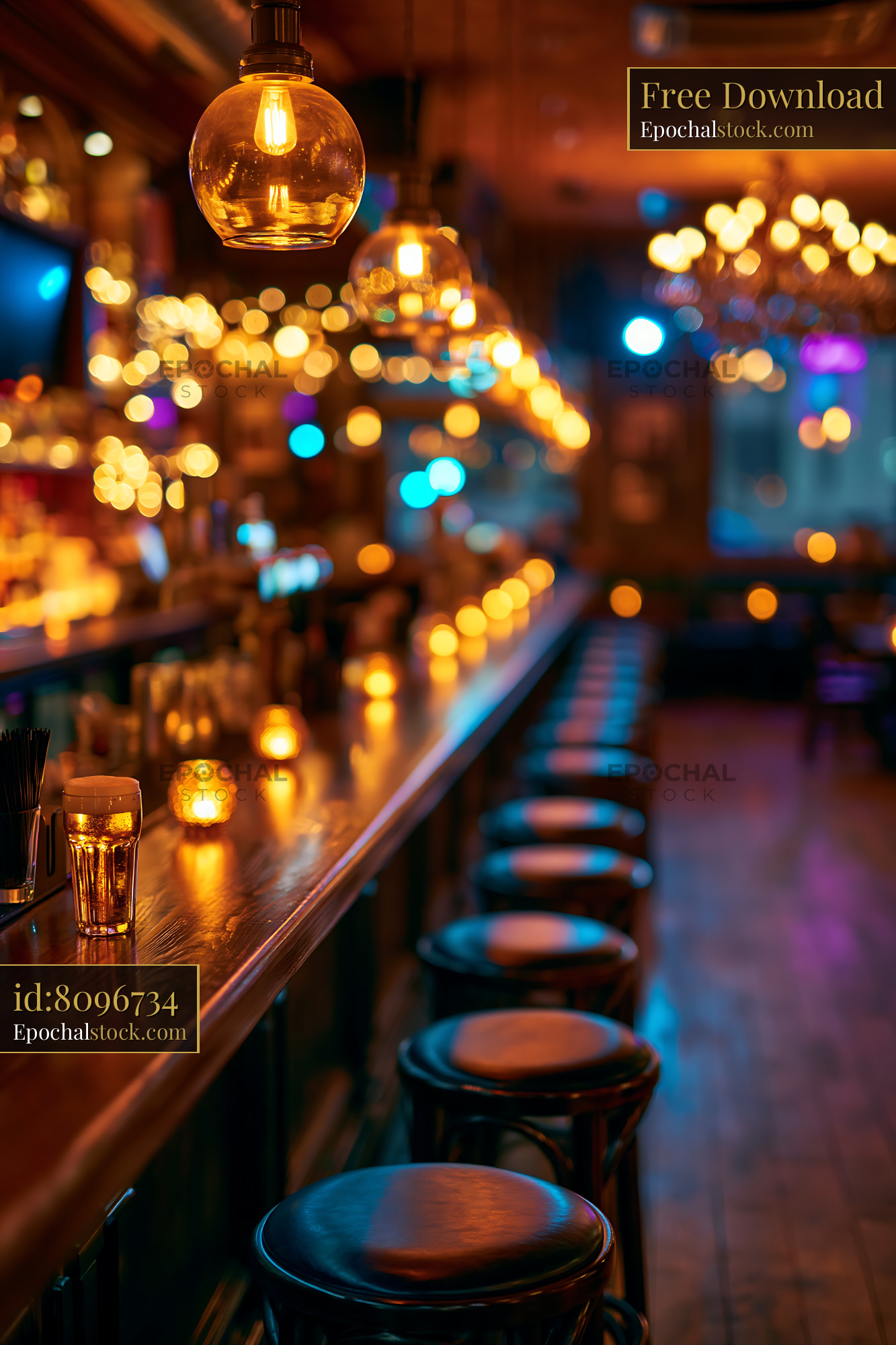 Watermarked full-resolution preview of Bar interior with warm lighting and empty stools