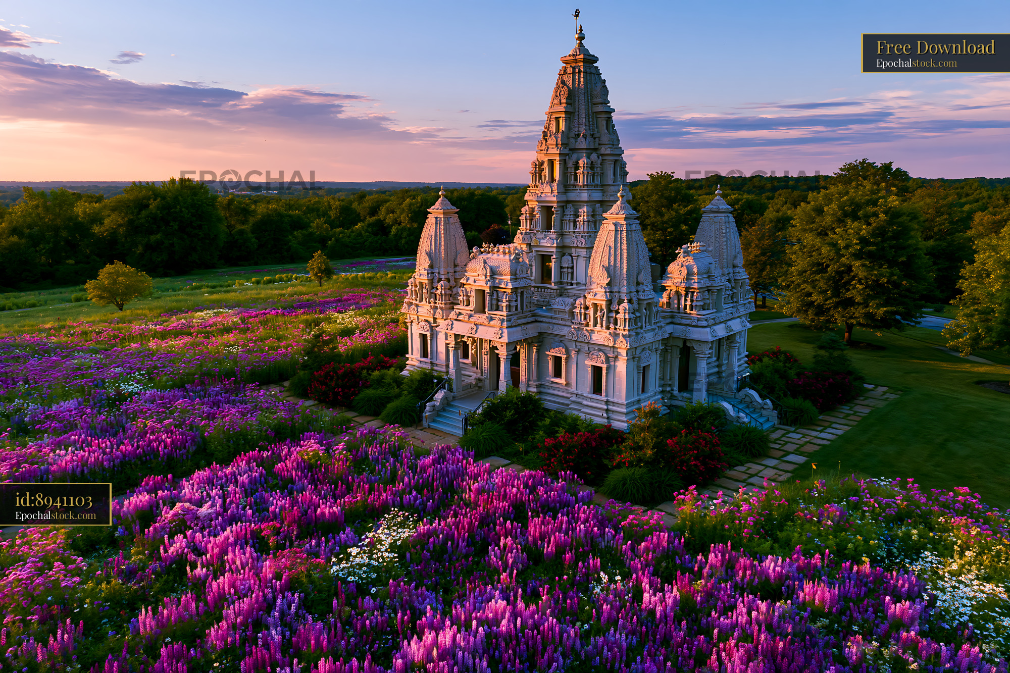Watermarked full-resolution preview of Sunset over a temple surrounded by a field of flowers