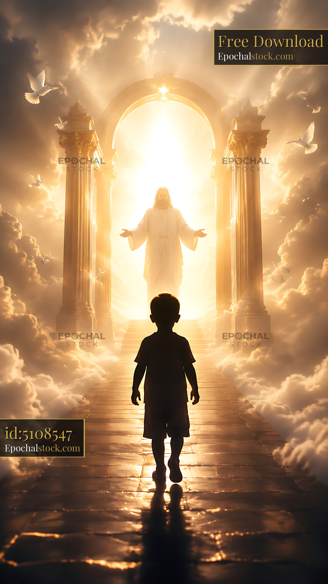Watermarked full-resolution preview of Child walks toward light through a mystical archway