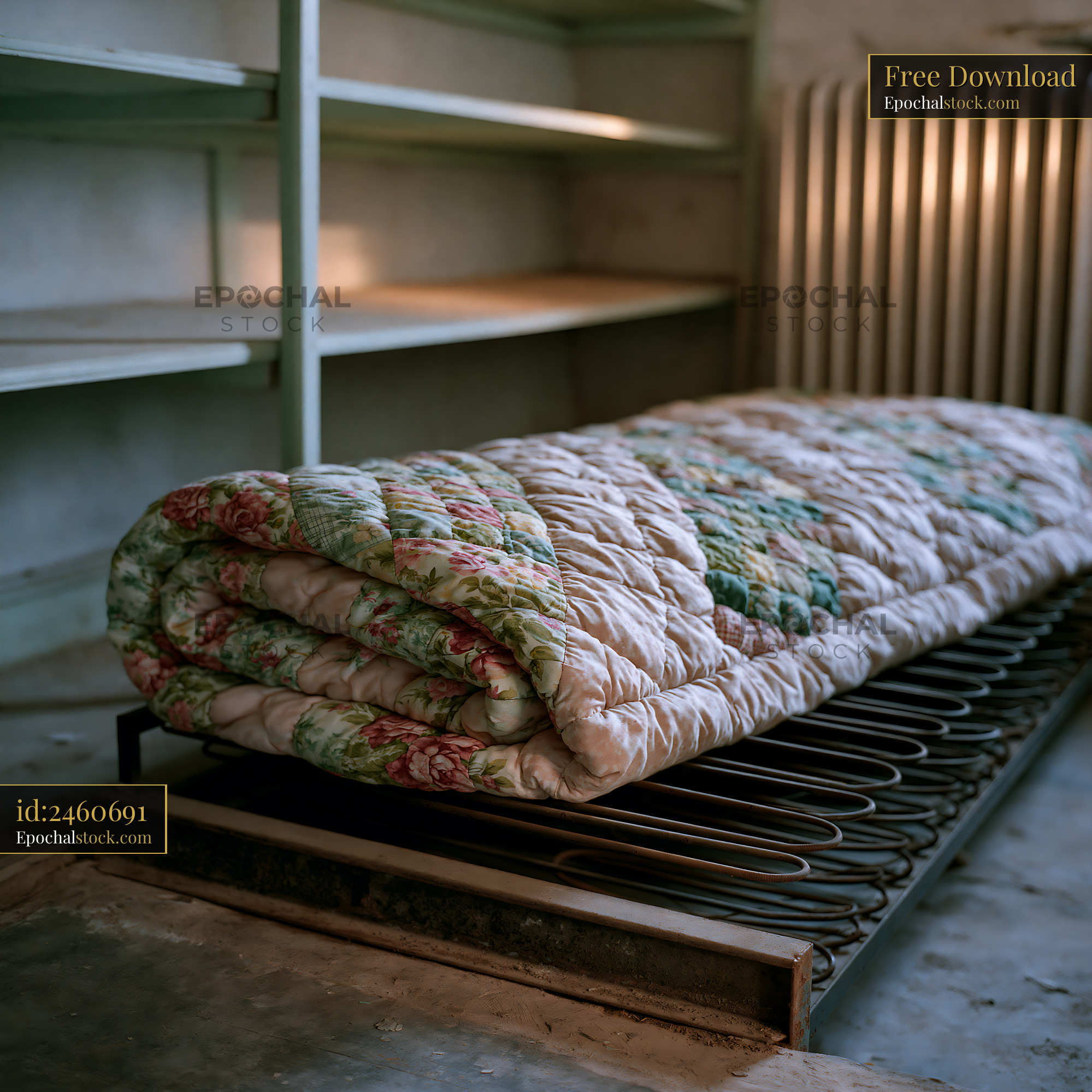 Watermarked full-resolution preview of Quilted bed covering on a wire bed frame in a storage space