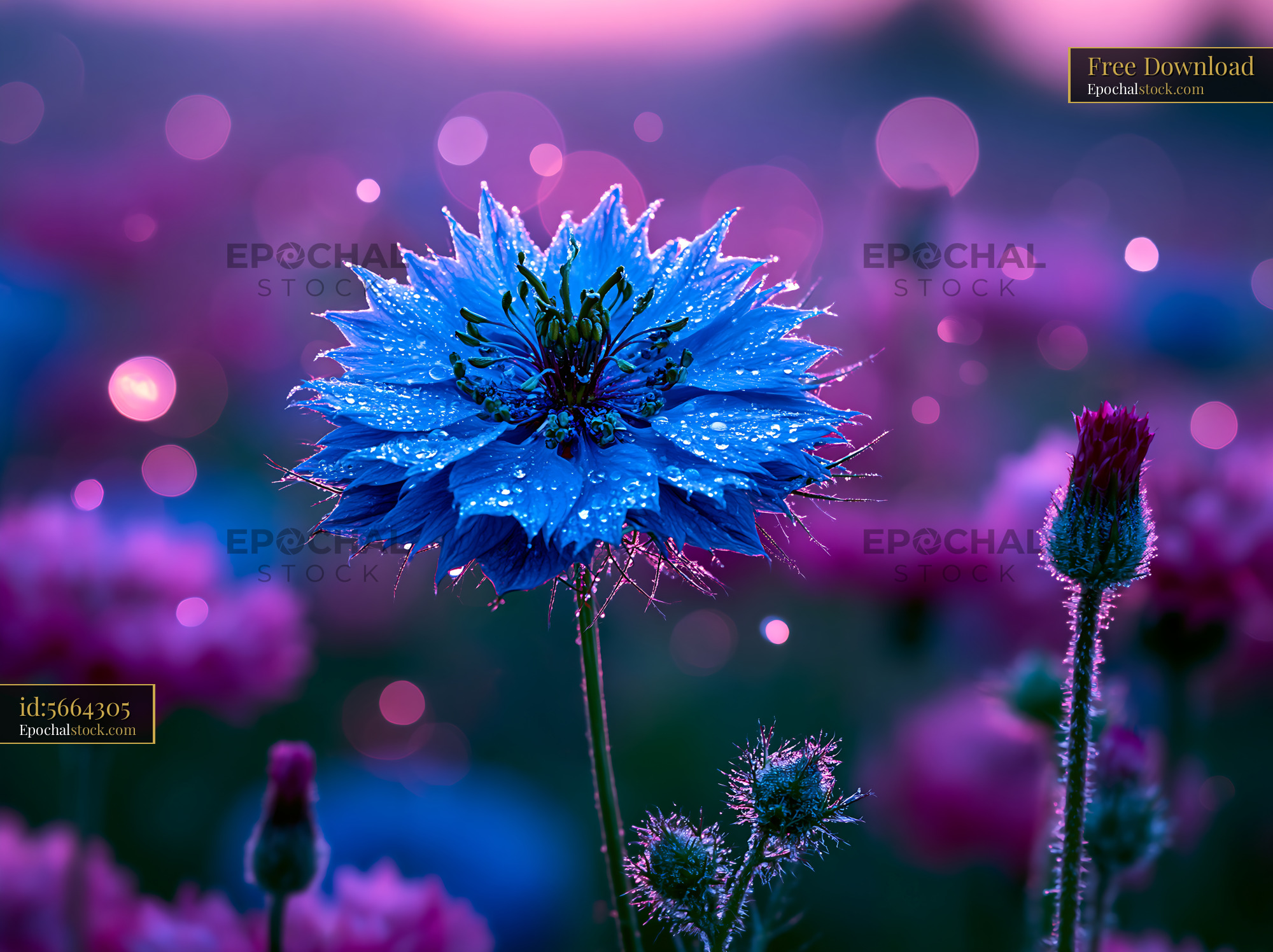 Watermarked full-resolution preview of Blue flower with dew in a colorful field at dawn