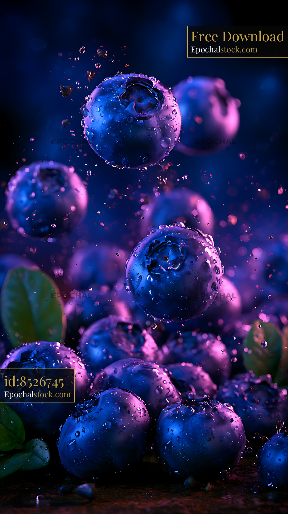 Watermarked full-resolution preview of Fresh blueberries covered in water droplets