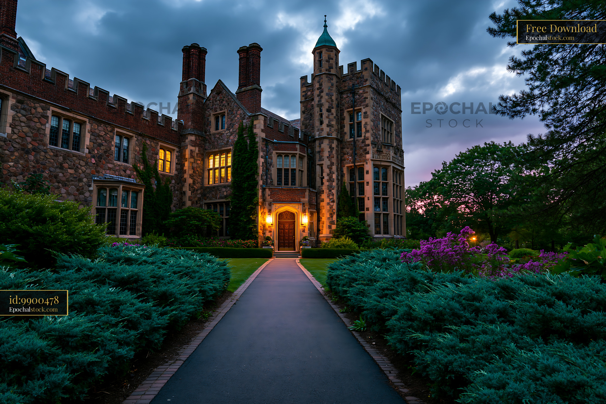 Watermarked full-resolution preview of Historic castle with stone walls during twilight