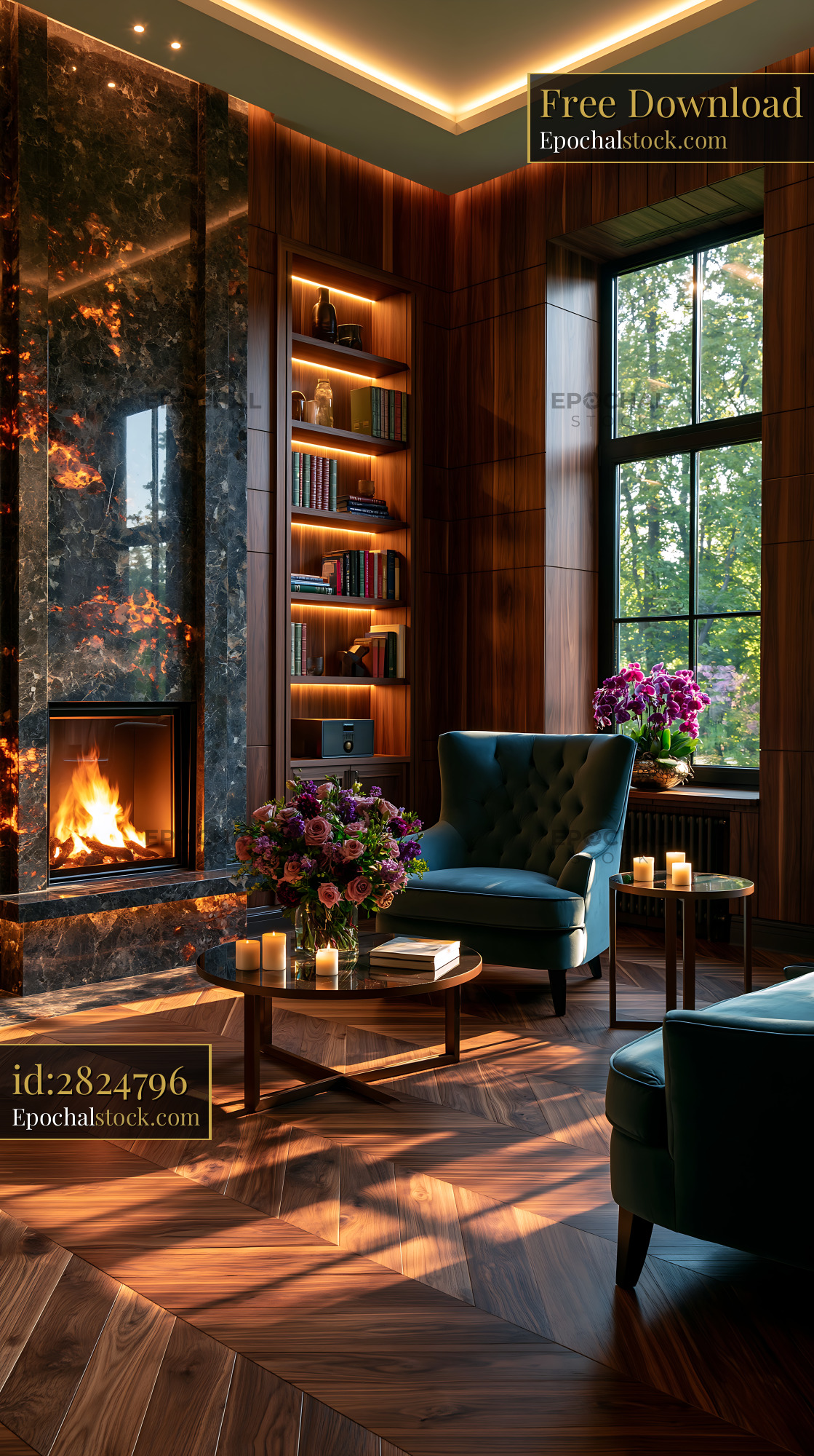 Watermarked full-resolution preview of Cozy living room with fireplace and bookshelves in modern design