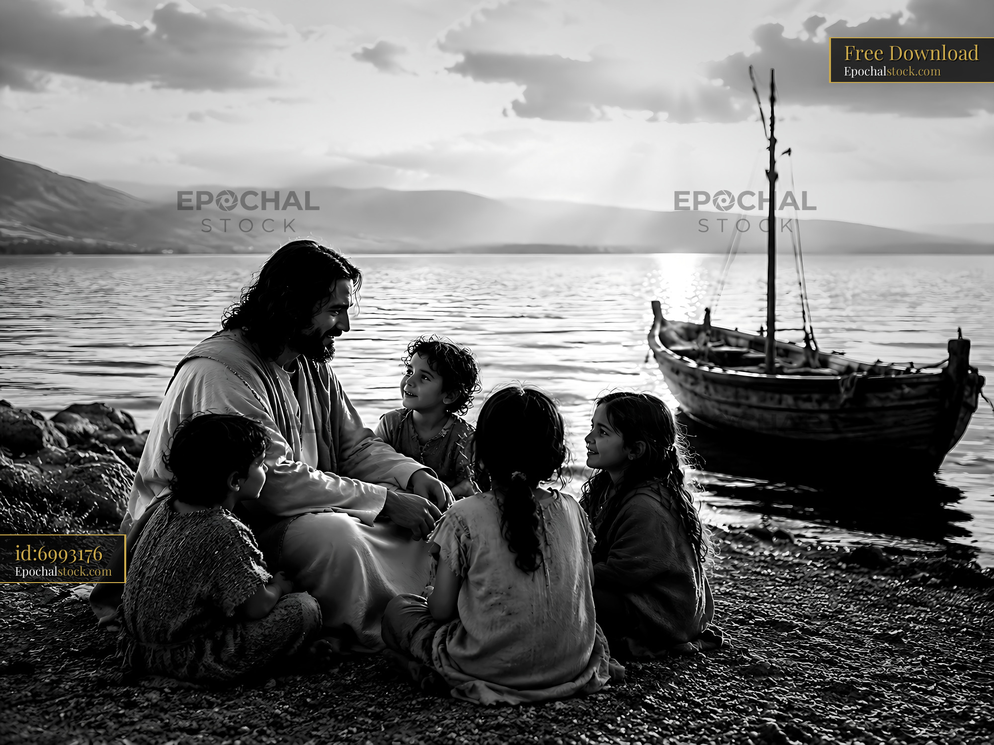 Watermarked full-resolution preview of Gathering by the water at sunset with children and a boat