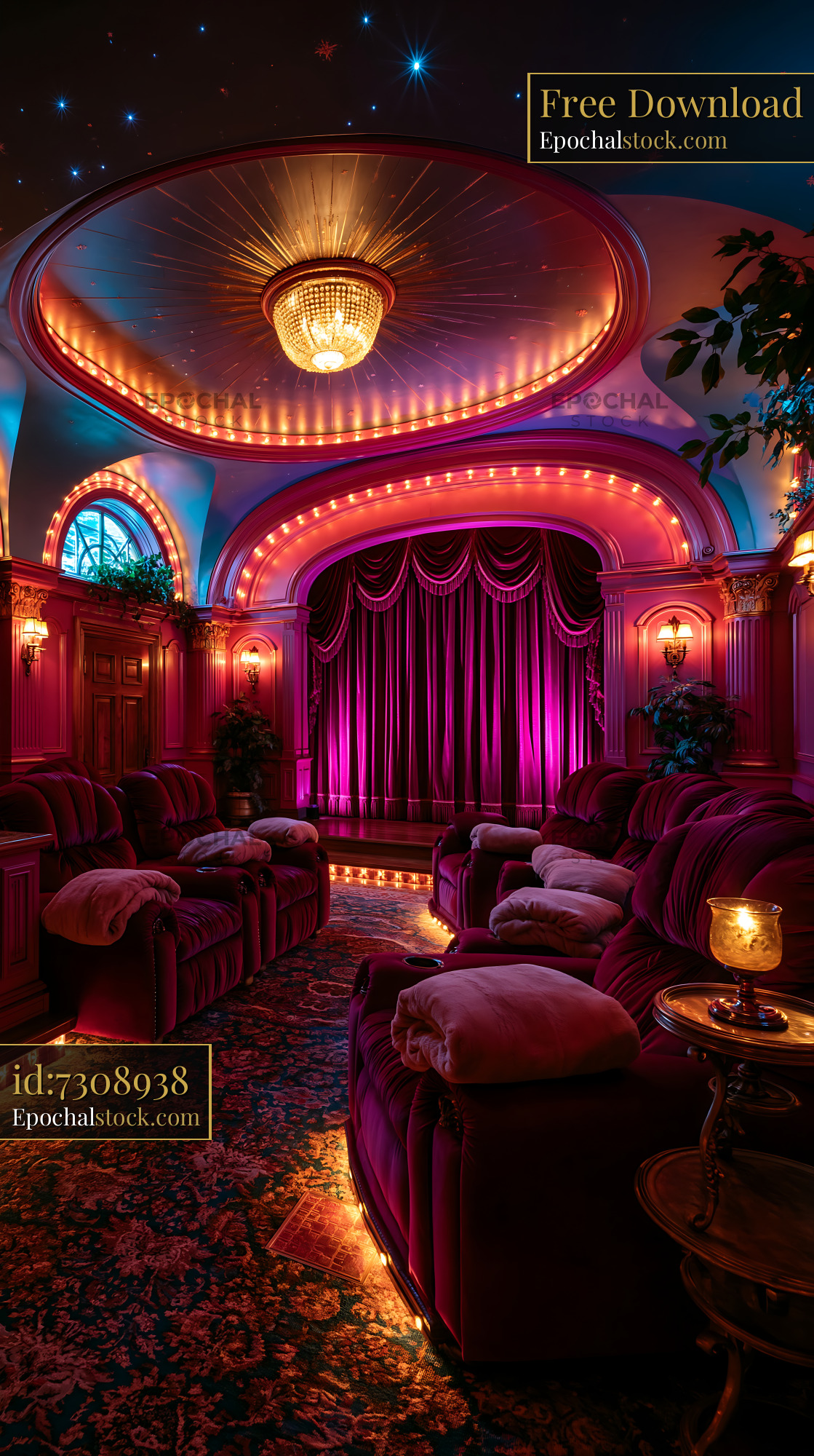 Watermarked full-resolution preview of Luxury home theater with rich decor and warm lighting